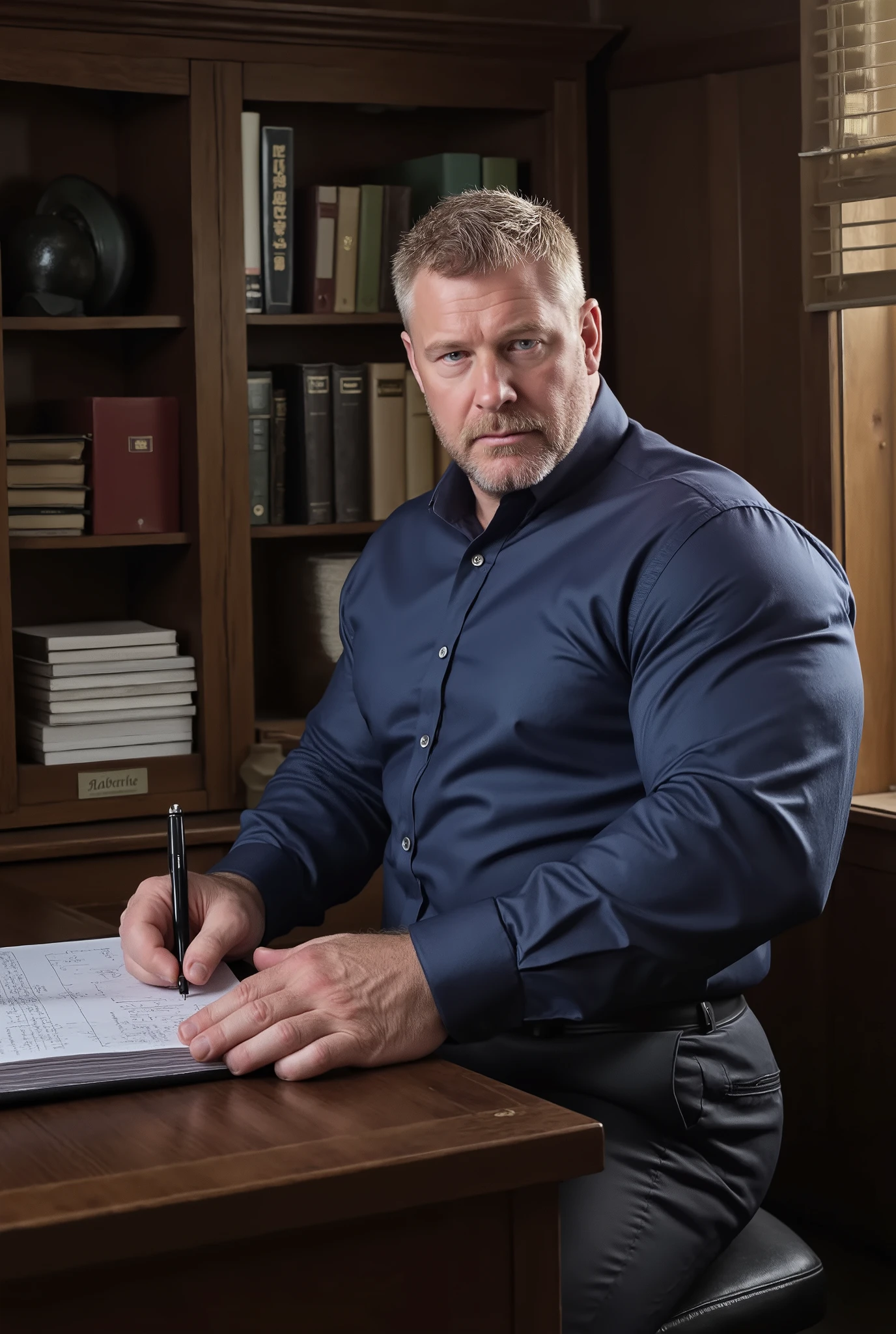 Masterpiece, Accurate, Award Winning, Best Quality, Extremely Detailed, 8K, HD, Super-Resolution, Dynamic Depth of Field, Photorealistic, Full Coloured, Realistic Skin and Hair Texture, ((a 35-year-old, German school disciplinarian with fair skin, sharp angular jawline, high cheekbones, deep-set blue eyes, thick dark lashes, naturally furrowed brows, straight prominent nose, and full well-defined lips, sitting at his desk with an authoritative yet composed presence)). His ((short, neatly combed blonde hair is perfectly styled, complementing his strong, disciplined demeanor, while his well-trimmed beard adds to his commanding appearance)). He wears a ((crisp, fitted navy dress shirt with the top button closed, the fabric tightly contouring his broad chest and thick arms, paired with tailored dark grey slacks that enhance his powerful build, exuding professionalism and control)). His ((large, veined hands rest firmly on the polished wooden surface of his desk, one gripping a disciplinary report while the other lightly adjusts a sleek black fountain pen, his posture upright and assertive, his piercing gaze locked onto the camera with quiet intensity)). The school office is structured and orderly, featuring ((a dark wooden desk stacked with neatly arranged documents, a leather-bound planner, and a nameplate, while tall shelves filled with academic records and disciplinary files line the background, illuminated by soft, natural light filtering through a large window with half-drawn blinds, casting sharp, structured shadows across the room)). Shot on ((Canon EOS R5, RF 85mm f/1.2L lens, f/2.0 aperture, 1/200 shutter speed, shallow depth of field, moody high-contrast lighting with soft highlights, deep shadows emphasizing the textures of fabric, polished wood, and the structured professional setting)).