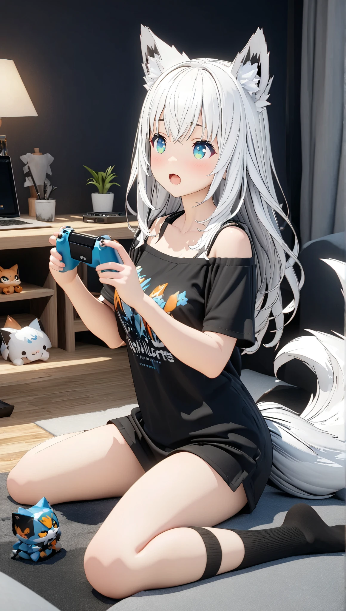 (masterpiece:1.2), ( Top Quality:1.2), Ultra High Resolution, very well detailed, Fubuki_heyagi,tail, 1girl ,,Alone,fox tail,shirt,white hair,long hair,black shirt,black headwear,socks,bangs,t-shirt,black socks,collarbone, 3D Style, 3D Figures, full body, 3d rendering , OC rendering , 8k, playing video games , fun, wariza, cute room, from side, off-shoulder shirt, open mouth, surprised