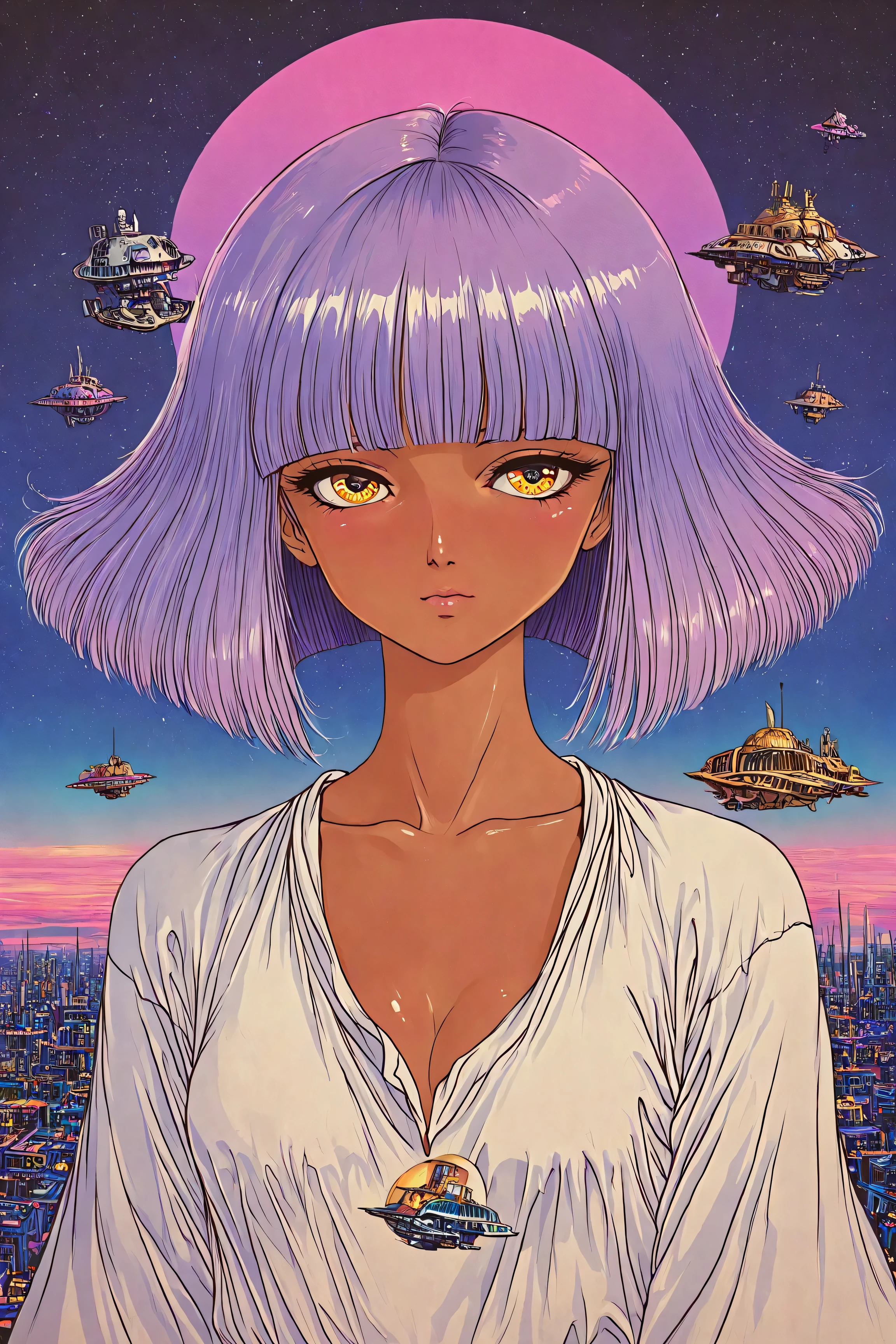 ((best quality)), ((masterpiece)), (detailed), perfect face, dark skin, surreal, in the illustrative style of moebius, spaceships, aliens, fantasy, sci-fi, graphic novel, line drawing, ((japanese retro)), long purple hair, blunt bangs, gold eyes, white tunic, small breasts, cleavage, SYNTHWAVE STYLE DESIGN VIBRANT COLORS, young japanese girl, 60s retro, french art deco, graphic poster design, illustrated anime, purples, golds,