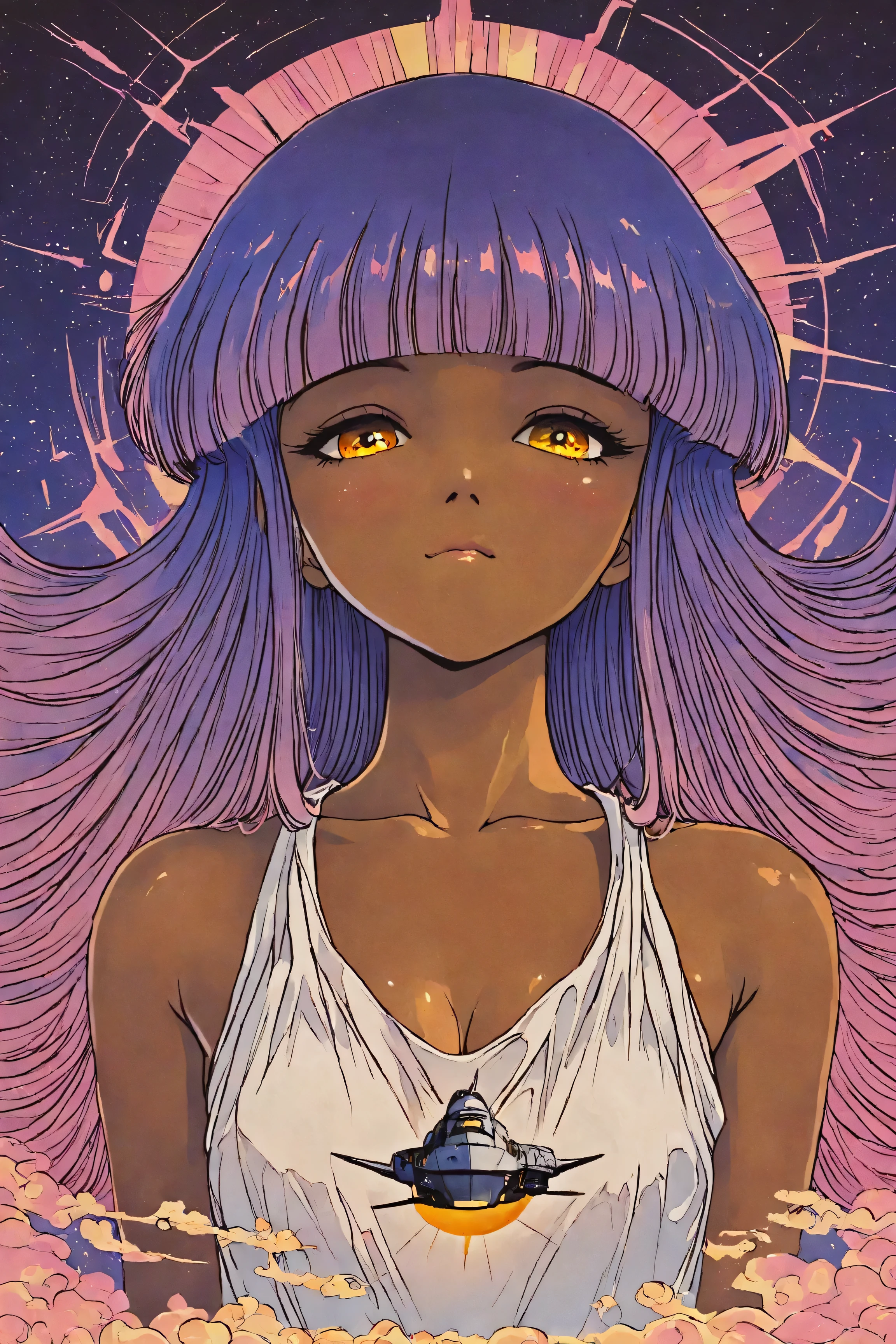 ((best quality)), ((masterpiece)), (detailed), perfect face, dark skin, surreal, in the illustrative style of moebius, spaceships, aliens, fantasy, sci-fi, graphic novel, line drawing, ((japanese retro)), long purple hair, blunt bangs, gold eyes, white tunic, small , , SYNTHWAVE STYLE DESIGN VIBRANT COLORS, young japanese girl, 60s retro, french art deco, graphic poster design, illustrated anime, purples, golds,