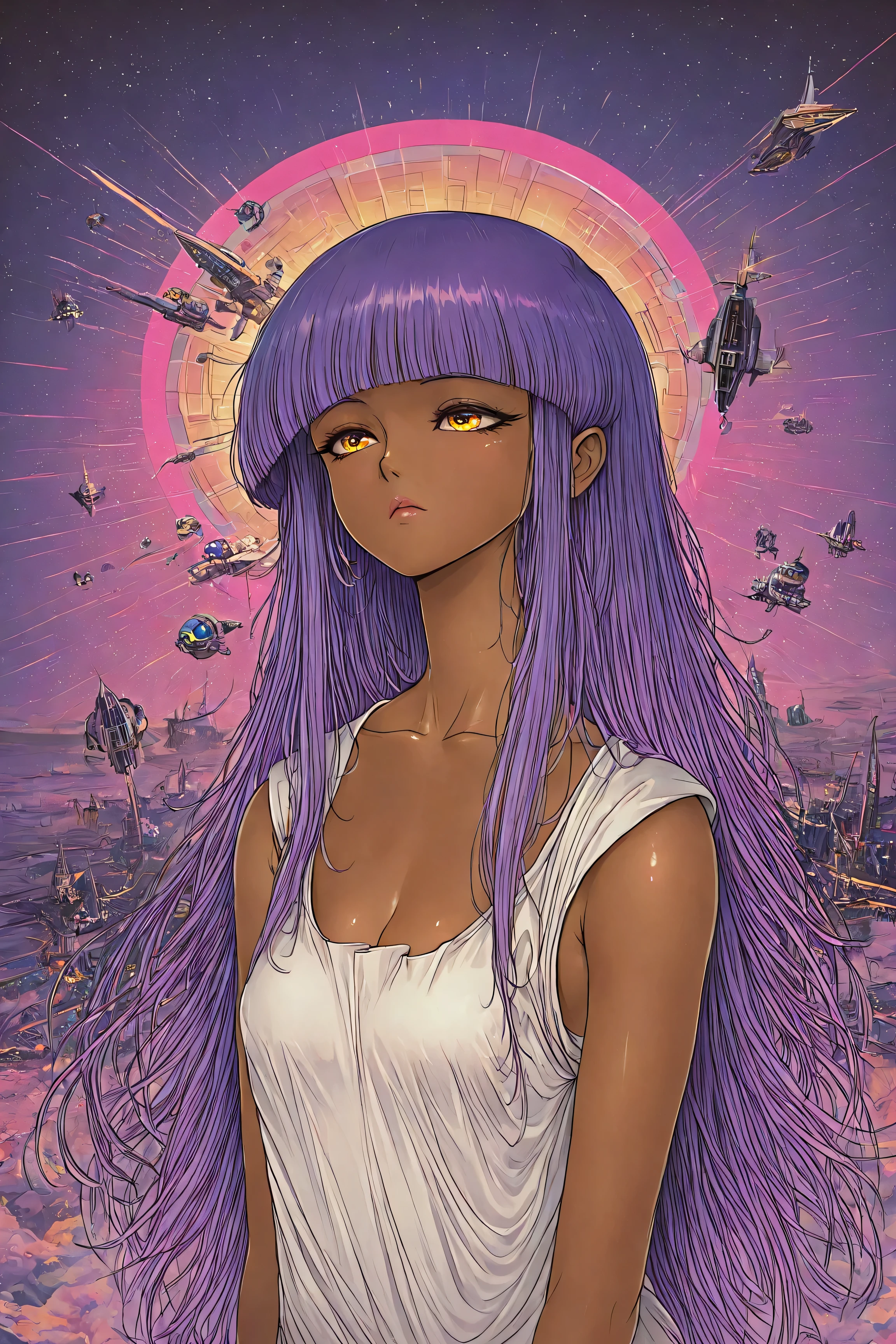 ((best quality)), ((masterpiece)), (detailed), perfect face, dark skin, surreal, in the illustrative style of moebius, spaceships, aliens, fantasy, sci-fi, graphic novel, line drawing, ((japanese retro)), long purple hair, blunt bangs, gold eyes, white tunic, small breasts, cleavage, SYNTHWAVE STYLE DESIGN VIBRANT COLORS, young japanese girl, 60s retro, french art deco, graphic poster design, illustrated anime, purples, golds, 