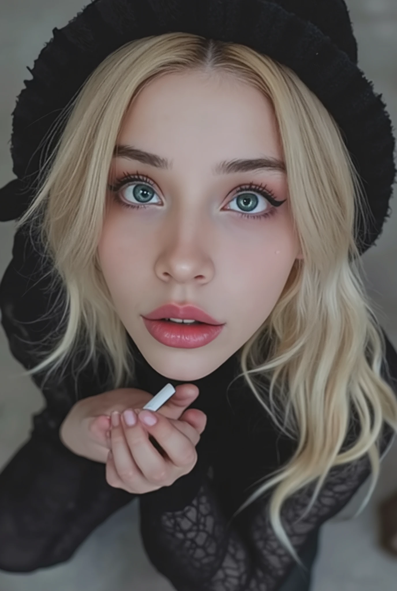 ((angle verry high photo from above)), ahego, there is a araffed girl with cigarette in hand and cigarette in hand, she looks like a mix of grimes, with pale skin, cigarette, pale skin!, pale fair skin!!, pale skin and dark eyes, charli bowater, in style of petra collins, cigarettes, very pale skin, pale ivory skin, pale goth beauty, pale skin, very very very pale skin