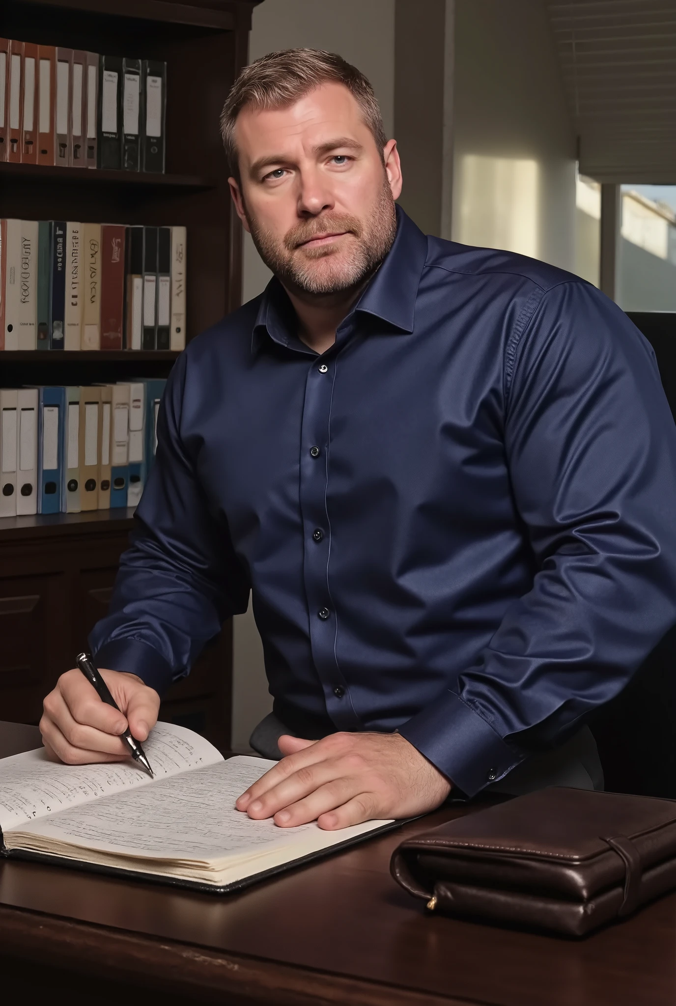 Masterpiece, Accurate, Award Winning, Best Quality, Extremely Detailed, 8K, HD, Super-Resolution, Dynamic Depth of Field, Photorealistic, Full Coloured, Realistic Skin and Hair Texture, ((a 35-year-old, German school disciplinarian with fair skin, sharp angular jawline, high cheekbones, deep-set blue eyes, thick dark lashes, naturally furrowed brows, straight prominent nose, and full well-defined lips, sitting at his desk with an authoritative yet composed presence)). His ((short, neatly combed blonde hair is perfectly styled, complementing his strong, disciplined demeanor, while his well-trimmed beard adds to his commanding appearance)). He wears a ((crisp, fitted navy dress shirt with the top button closed, the fabric tightly contouring his broad chest and thick arms, paired with tailored dark grey slacks that enhance his powerful build, exuding professionalism and control)). His ((large, veined hands rest firmly on the polished wooden surface of his desk, one gripping a disciplinary report while the other lightly adjusts a sleek black fountain pen, his posture upright and assertive, his piercing gaze locked onto the camera with quiet intensity)). The school office is structured and orderly, featuring ((a dark wooden desk stacked with neatly arranged documents, a leather-bound planner, and a nameplate, while tall shelves filled with academic records and disciplinary files line the background, illuminated by soft, natural light filtering through a large window with half-drawn blinds, casting sharp, structured shadows across the room)). Shot on ((Canon EOS R5, RF 85mm f/1.2L lens, f/2.0 aperture, 1/200 shutter speed, shallow depth of field, moody high-contrast lighting with soft highlights, deep shadows emphasizing the textures of fabric, polished wood, and the structured professional setting)).