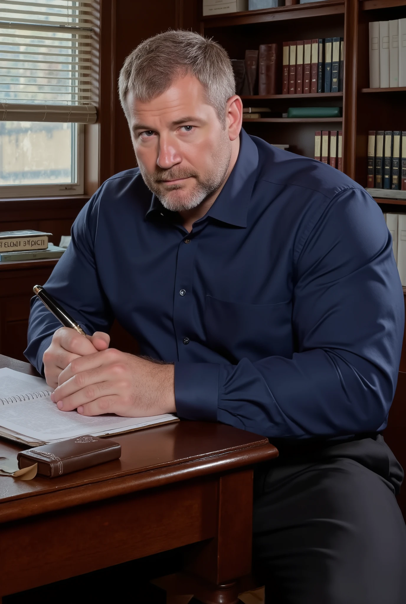 Masterpiece, Accurate, Award Winning, Best Quality, Extremely Detailed, 8K, HD, Super-Resolution, Dynamic Depth of Field, Photorealistic, Full Coloured, Realistic Skin and Hair Texture, ((a 35-year-old, German school disciplinarian with fair skin, sharp angular jawline, high cheekbones, deep-set blue eyes, thick dark lashes, naturally furrowed brows, straight prominent nose, and full well-defined lips, sitting at his desk with an authoritative yet composed presence)). His ((short, neatly combed blonde hair is perfectly styled, complementing his strong, disciplined demeanor, while his well-trimmed beard adds to his commanding appearance)). He wears a ((crisp, fitted navy dress shirt with the top button closed, the fabric tightly contouring his broad chest and thick arms, paired with tailored dark grey slacks that enhance his powerful build, exuding professionalism and control)). His ((large, veined hands rest firmly on the polished wooden surface of his desk, one gripping a disciplinary report while the other lightly adjusts a sleek black fountain pen, his posture upright and assertive, his piercing gaze locked onto the camera with quiet intensity)). The school office is structured and orderly, featuring ((a dark wooden desk stacked with neatly arranged documents, a leather-bound planner, and a nameplate, while tall shelves filled with academic records and disciplinary files line the background, illuminated by soft, natural light filtering through a large window with half-drawn blinds, casting sharp, structured shadows across the room)). Shot on ((Canon EOS R5, RF 85mm f/1.2L lens, f/2.0 aperture, 1/200 shutter speed, shallow depth of field, moody high-contrast lighting with soft highlights, deep shadows emphasizing the textures of fabric, polished wood, and the structured professional setting)).