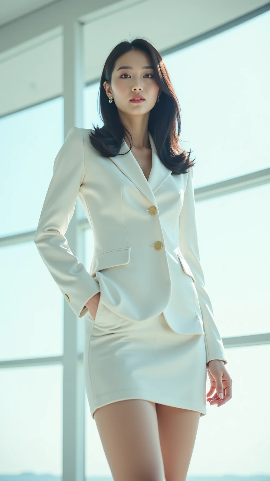Beige slim fit suit:1.2,Look at the audience,Tyndall light effect,High resolution skin:1.3,Realistic skin texture,2 sister,Perfect face,Put on light makeup,Perfect body,A light smile,short hair,Black hair,bust,Airport background。