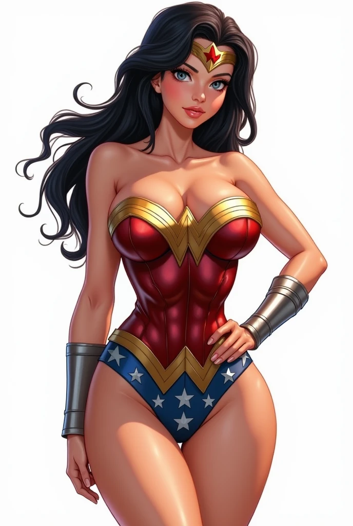 masterpiece,best quality,detailed faces and eyes, ((1girl, solo girl)), Wonder Woman, ass, top-down_bottom-up, black_hair, thong_leotard, thick_thighs, long_hair thighs, medium_breasts, looking_at_viewer, white_background, makeup, blue_eyes, blush, official_alternate_costume, bangle,bare_shoulders <lora:wonderWomanDCBy_v10:0.6>