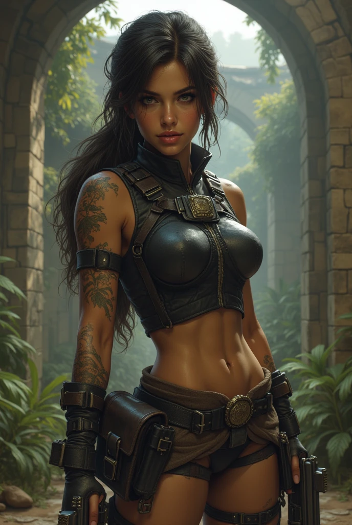 8K,Photorealistic, 8K,1 Arahed is a woman wearing brown and black armor.,A woman with a real macho and fearless face.,brown mohawk hair,brown pants and protectors,超A high resolution,A hyper-realistic,real looking skin,carry a long and large sword,In the dense forest,combat scene,action scene,actionpose,Tense look,large full breasts,appearance々なactionpose,
