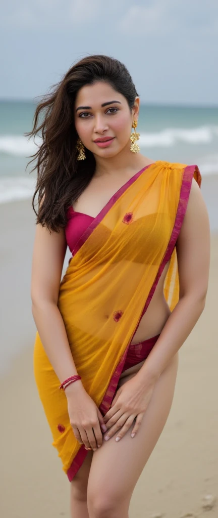 extreme close up photo of most beautiful smriti iranu, hourglass figure, swooping breasts, sexy armpits, lying on beach, French braid hair, necklace, sultry, look at viewer luscious subtle smile, sexy satin silk orange saree, red glossy lips, (cinematic:1.3), intricate details, (ArtStation:1.2)