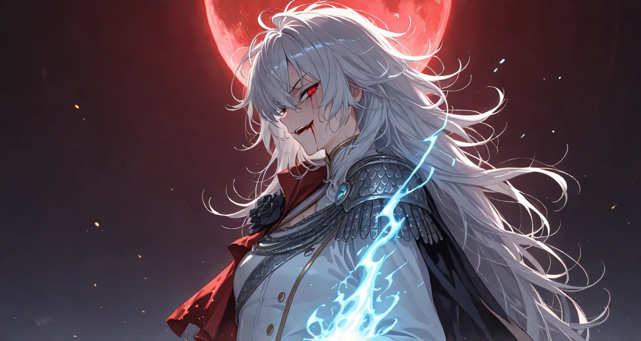 (upper body shot, close up shot, solo:1.7), bailing_magic_circle,magic circle,magic array, detailxl, Anime illustration, detailed anime artstyle, cinematic, volumetric lighting, clear sky, evening, cold light, colorful, light reflection, (head tilt, looking over her shoulder, teasing, lidded eyes, flirty, romantic, princess clothes, french, musketeer, royalty, manwha, sultry, (standing, dynamic pose:1.1):1.5), (glaring at viewer, side eye side profile, from the side, looking up, head tilted upwards:1.6), fotoshoot, model, (1girl:0.98), young, adolescent, detailed skin, extremely detailed eyes, dynamic pose, crimson eyes, glowing eyes, (very long hair, (messy hair, wild hair:1.44), hair in front of eye:1.2), flower brooch in her hair, auralora cosmic flowers, aura flowers, crazy eyes, soft smirk, black flower, blue glow, blue aura, moon, lunar power, open mouth, (white hair, gray hair, shining hair:1.3), walking, crazy smile, crazy laugh, (tsurime:1.3), (white ornate french dress:1.1), asymmetrical epaulette, capelet, ornate dress, carapace armour, black trimming, black highlights, (reaper, demonic clothes:1.1), (casting blood magic, blood mage:1.7), red moon,