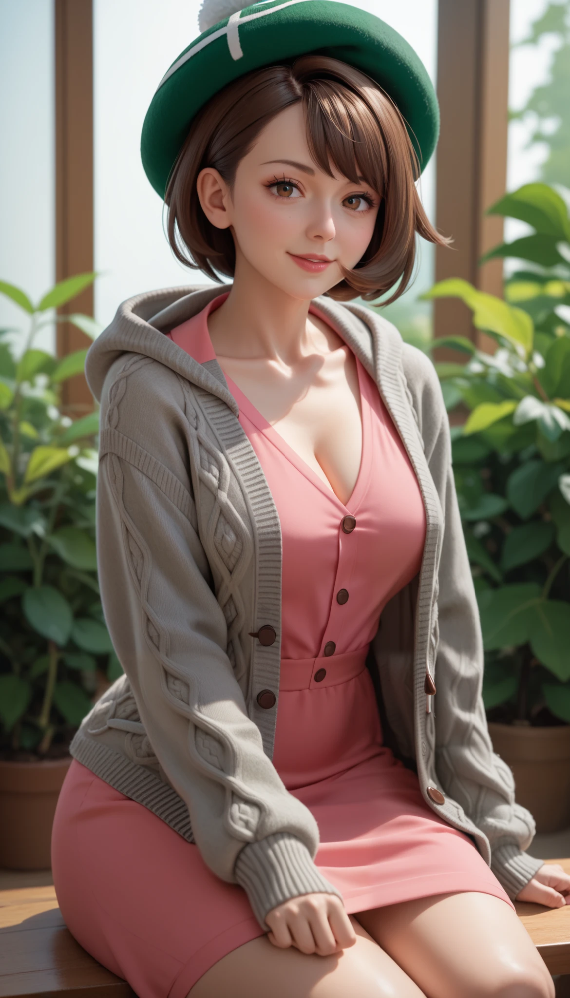 Gloria (pokemon), brown hair, brown eyes,green hat, grey cardigan, hooded cardigan, cable knit, pink dress, green socks, long sleeves, collared dress, mature, 18 years old, sexy pose, naughty, seductive face expression