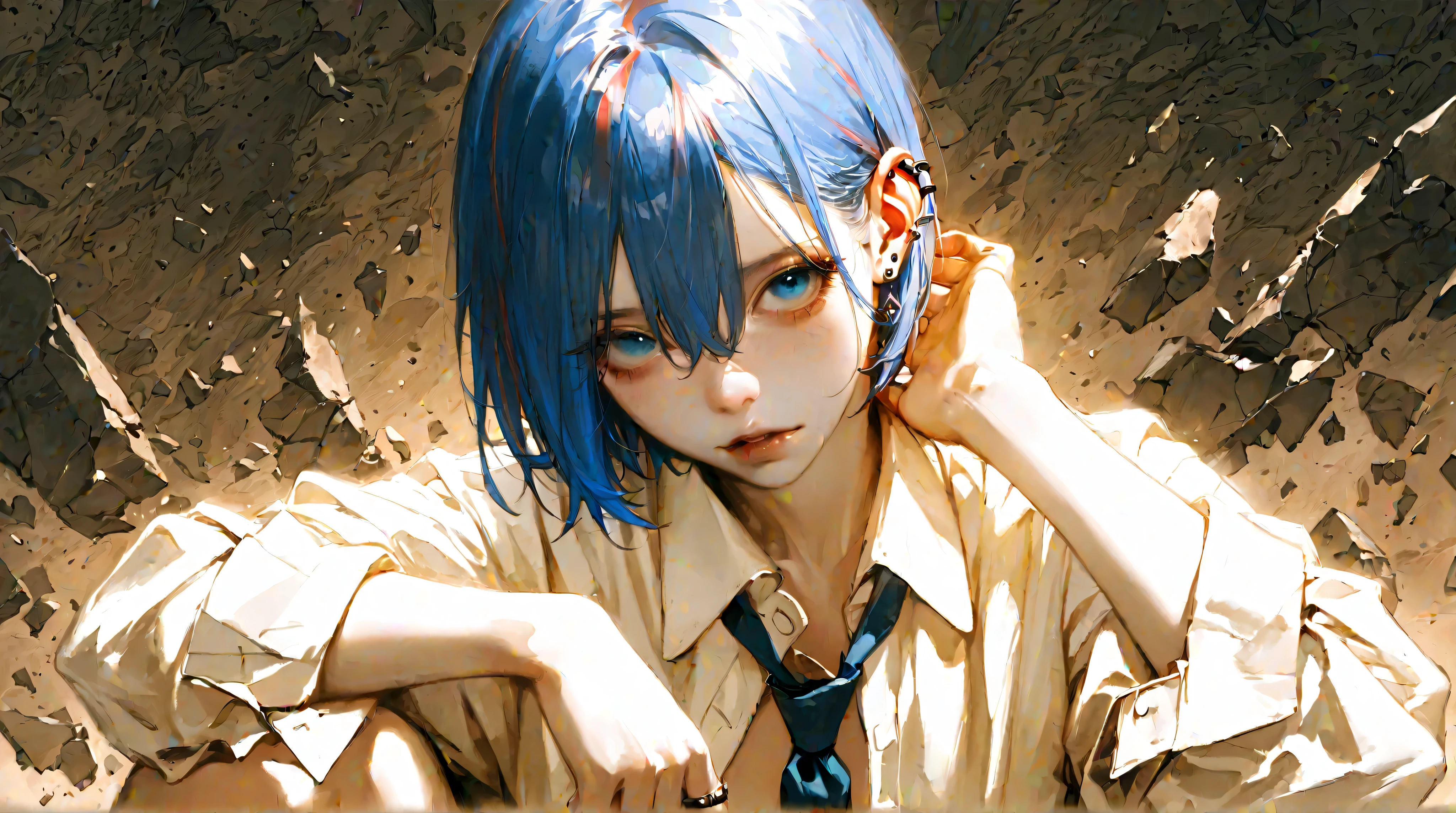 best quality,masterpiece,absurdres,newest,
(atnr style,realistic),
Shatter,legs, solo,bruises,jewelry,red bruises,earrings,1girl,ring,choke hands,shirt,hands around neck,textured multicoloured background,fully blue hair, chike hold,white shirt,looking at viewer,short hair,simple vivid textured background,bangs,collared shirt,single blue coloured hair,nail polish,blue eyes,blue eyes,piercing,eyelashes,upper body,ear piercing,long sleeves,blue hair,hand on neck,hair between eyes,open eyes,vivid theme,necktie,open shirt,fingernails,open clothes,streaked hair,a digital illustration in an anime style,featuring a shot of a person's face and legs,the subject appears to be a young woman with pale skin and short,straight,blue hair that frames her face,her eyes are large and expressive,with long,dark eyelashes and a hint of blue irises,giving her a dreamy,ethereal appearance,she is holding her neck with her hands,pressure spot around her hands,which is delicately placed in the center of the image on the neck,the hands has a soft velvety texture,with a deep shadow hue that contrasts sharply with her pale skin,the background is a coloured painted,ensuring that the focus remains on the subject,the illustration is highly detailed,with subtle brushstrokes that add texture and depth to the composition,the overall mood is one of serenity and introspection,enhanced by the soft,dreamy lighting and the dark quality of the choking, textured background, multicoloured background, white pale skin, soft pale skin