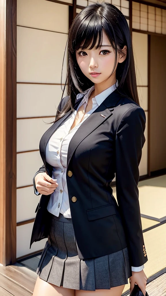 ((high quality)), ((Tabletop)), (Detailed face), (highlight), Asian Girl、Big breasts、thigh、Black Hair、Heavy bangs、high school girl、skirt、blazer、