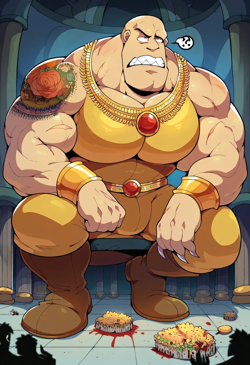 A giant muscular man, humanoid creature, bald man, gigantic chin, veins, tattoos, scars, golden armor, golden bracelets with jewels, golden necklaces with jewels, golden and silver belt, golden and brown boots, ginomous biceps enormous pectorals, sharp teeth sharp claws, macro size, sitting on his chair, castle interior background, table with food and gold and jewels and silver, sniffing the air and saying fee-fi-fo-fum I smell a blood of a englishman, confused expression, looking up, saturaded colors.