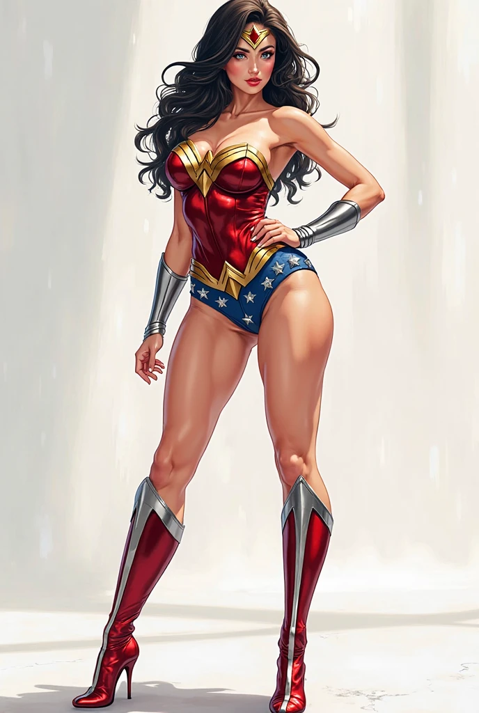 highres, masterpiece, best quality, 1girl, wonder woman, solo, leotard, boots, space, space backdrop, stand, hand on hip, matching boots, full body,