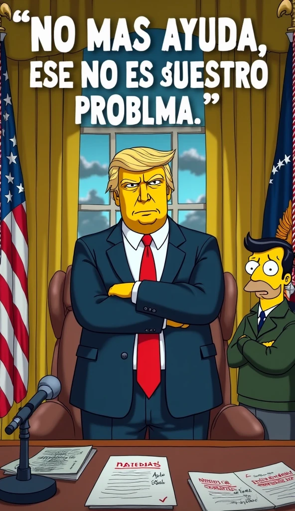 A highly detailed and dramatic scene in the classic 2D animation style of The Simpsons. Donald Trump is standing in the Oval Office, directly in front of the Resolute Desk. His arms are crossed defiantly, and he has a stern, challenging expression—his eyebrows slightly furrowed, lips pressed together, and his chin slightly raised, exuding an air of authority and finality. His golden-blond comb-over hairstyle is neatly styled, and he wears a dark navy suit, white shirt, and bright red tie.
Above him, in bold white letters, the phrase “No más ayuda. Este no es nuestro problema.” is displayed, emphasizing the gravity of his statement.
Behind Trump, the American flag and the presidential flag stand tall, adding a sense of power and nationalism. The large windows of the Oval Office reveal a slightly cloudy sky, creating a dramatic backdrop. The Resolute Desk is visible, with scattered documents labeled “Foreign Aid”, some of them marked “Rejected” with a red stamp. A microphone and press cameras are positioned in front of him, indicating he is making a public statement.
To the side, a Zelensky-like character (short dark hair, beard, wearing a dark green military sweater) looks frustrated and desperate, with his hands raised in a pleading gesture. His posture contrasts sharply with Trump’s firm and unyielding stance.
The atmosphere is tense and dramatic, with Trump looking strong and resolute, while the presence of documents, flags, and a foreign representative highlights the political weight of his decision.