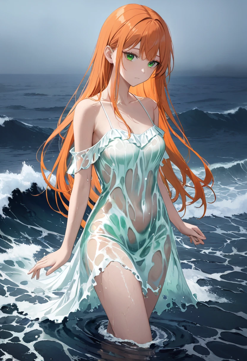 (masterpiece, Highest quality), ((One girl, alone, Long Hair)), Ishmael_edge, Innocent look, Bare arms, Exposing shoulders, Bare neck, watercolor, Sundress, Liquid clothing, water, Wave, water dress, green_theme, night, haze, dark, Sharp focus, Ocean, See-through dress, Orange Hair