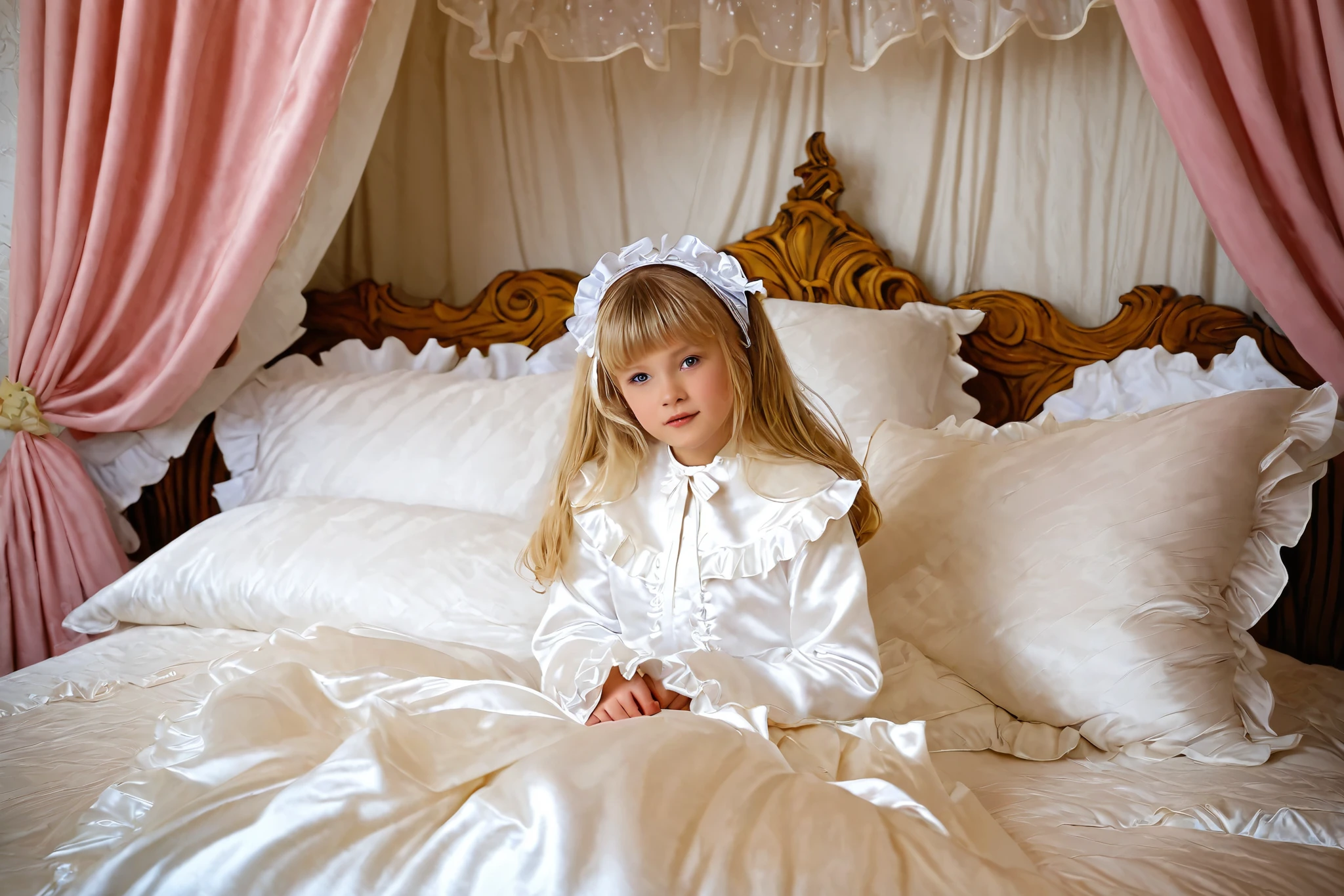 A young girl on the bed,(((short body height:1.2))),(((early age russian girl:1.2)))),(((cute baby face:1.1))),blond ling hear,white plump quilted silk satin nightgown with frills and ribbons,long skirt,long sleeves,frilled sleeves,frilled head dress,a bed with a mountain of silk satin pillows,(((retro canopy bed:1.0))),(((king size bed))),((more big bed:1.2)),((lot of frilled pillows)),more pillows, A plump qulited silk satin devet,ruffles lace silk.retro white pipe bed frame, A large silk satin ruffled duvet covers the entire bed,