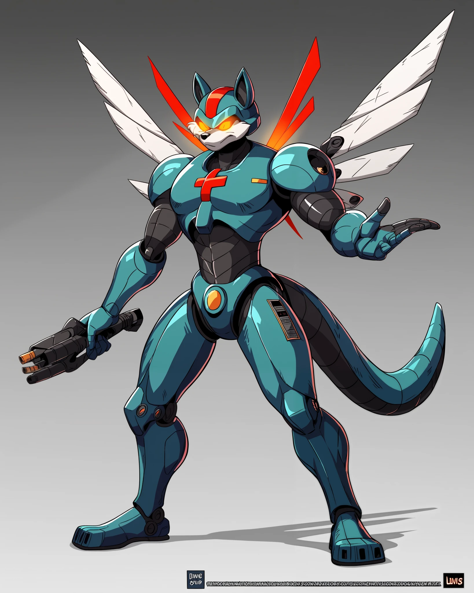 A full body view of Psyclone the male anthro Wolf, also known as Rance Richito, has a striking and futuristic appearance that reflects his villainous persona. Here are the key details of his supersuit:
- **Color Scheme:** Predominantly metallic blue with grey and copper accents, giving it a high-tech and menacing look.
- **Helmet:** A wolf-like helmet with red glowing eyes and pointed ears, emphasizing his animalistic and mechanical nature.
- **Mechanical Features:** The suit includes advanced mechanical components, such as tubes and joints, suggesting cutting-edge technology.
- **Tail:** A large, mechanical tail that adds to his wolf-like appearance and may serve as a weapon or tool.
- **Wings:** Turbine-like mechanical wings with small lights at the tips (green and red), possibly for navigation or generating powerful winds.
- **Overall Design:** The combination of wolf-like features and high-tech machinery creates a unique and visually striking villain.
Cyclone background. The character sheet contains information about his species, level, health, and other attributes., tiny toons style, by diives,