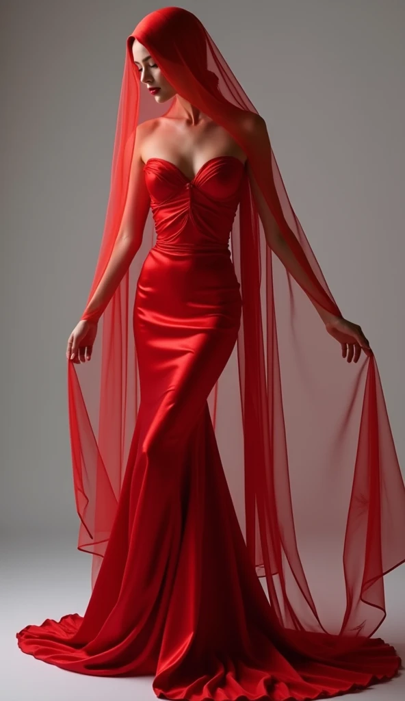a woman in the translucent red silk gown, full body,wearing hijan,wear translucent veil ,brest expose, half neked, tiead in satin rope, tied tight,mermaid tight long gown, flowy dramatic long gown, double long satin train ( 4 meter long ),walk in crowded,red satin sheet, wear high heels, masterpice, 4k resolution, ultra-realistic, highly detail.