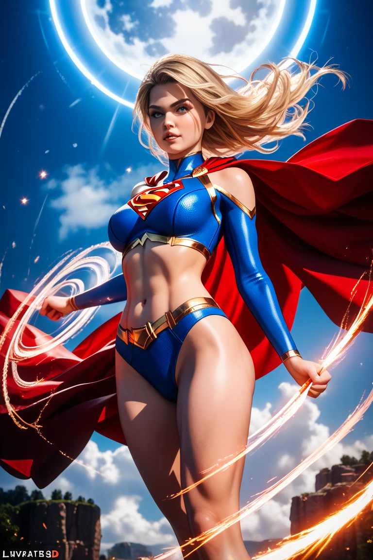 Image of muscular DC COMICS Supergirl showing full body woman, showing perfect boots, showing big ,  showing a big dumbbell with his right hand, left hand closed, costume identical to that of DC COMICS, showing legs, showing perfect face, perfect hands, perfect nails, showing perfect boots, laser beams coming out from your eyes, highly detailed, super definition, 8k, showing the perfect statue of Christ the Redeemer in the city of Rio de January in flames. Cinematic image.