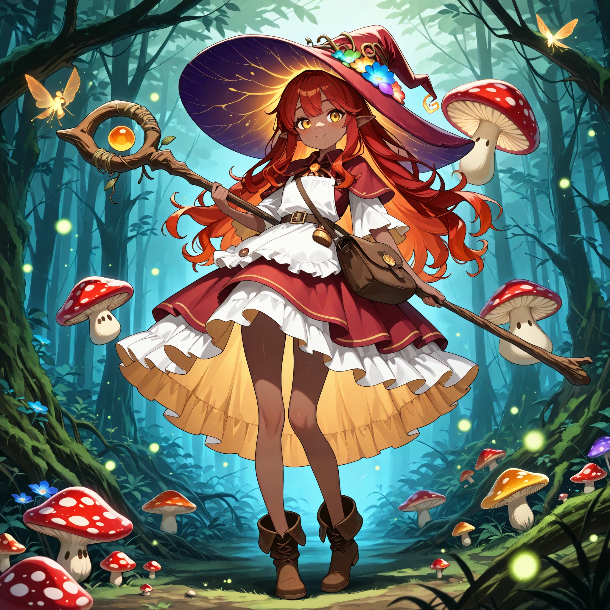 a Fungi Witch with tanned dark skin covered with freckles. Long pointy-ears. She has yellow-amber eyes. She has long to her feet loose fiery-red wavy hairstyle. Per witch dressing set: She wears swampy-green medieval dress and an apron with two pockets. she wearing a potion belt,with oakwood-acorn pendants. There is a bag over her shoulder with healing herbs sticking out of it. She has brown pointy-toed witch boots. She wears a red fly Agaric hat on her head. In her hand she holding a magical staff in the shape of a tree branch overgrown with moss. she slowly walking in the mushroom grove where big mushroom-trees grow everywhere around the blooming swamp, fireflies are flying in the air. Multicolored flowers and mushrooms wich growing around have bioluminescence.