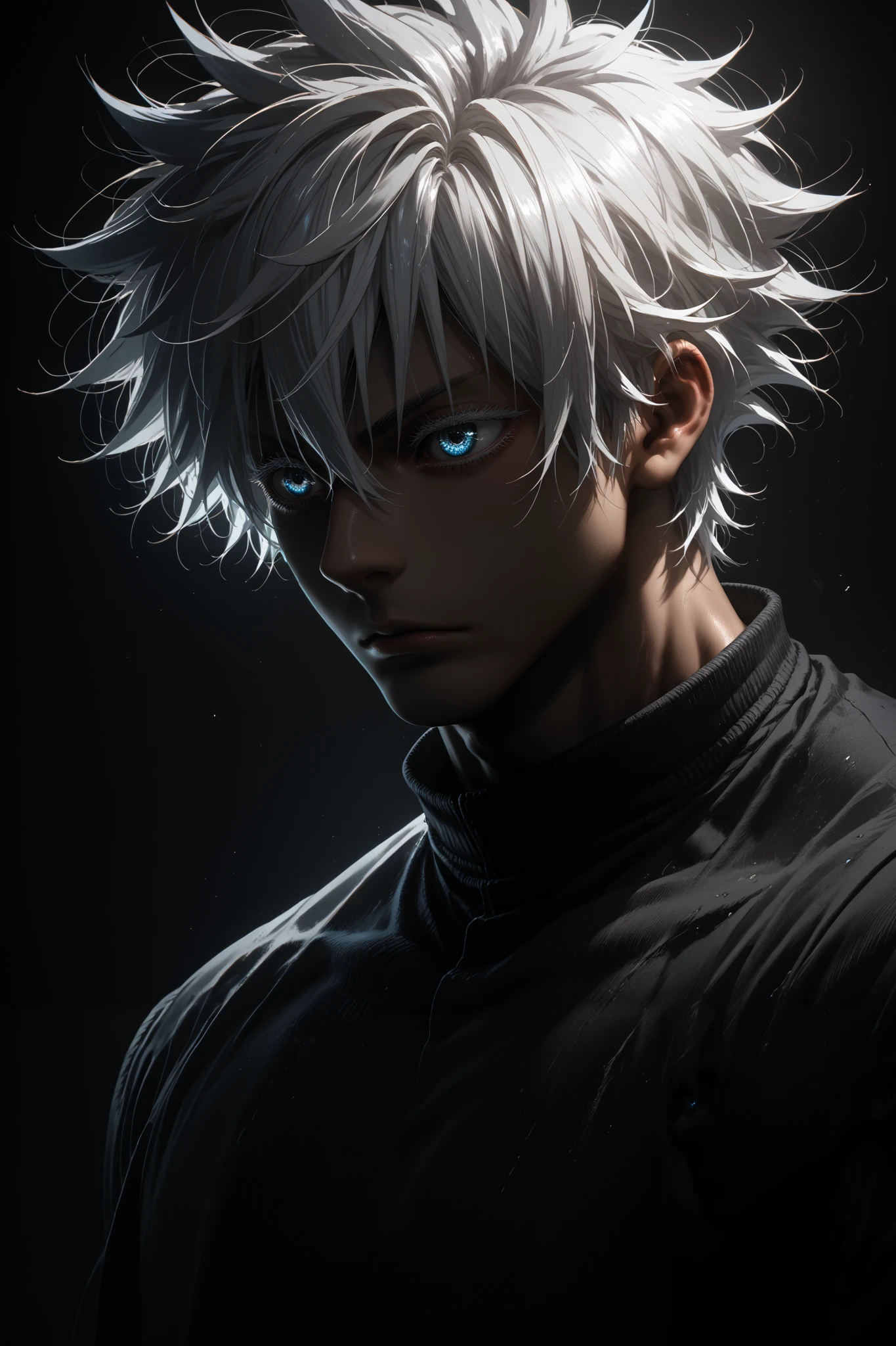 source_anime, masterpiece, best quality, short hair, 1boy, white hair,spiked hair, gojou satoru, blue eyes, colored eyelashes, hair between eyes,white pants, tight black longsleeve, muscles
