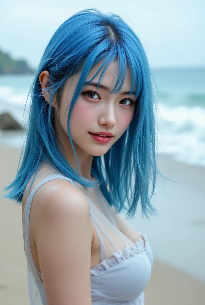 best quality、covering chest by hand、medium breasts、Blue Hair、Beach