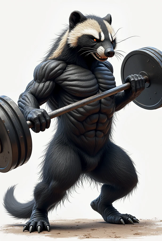 The muscular, evil raccoon raised the weight. 