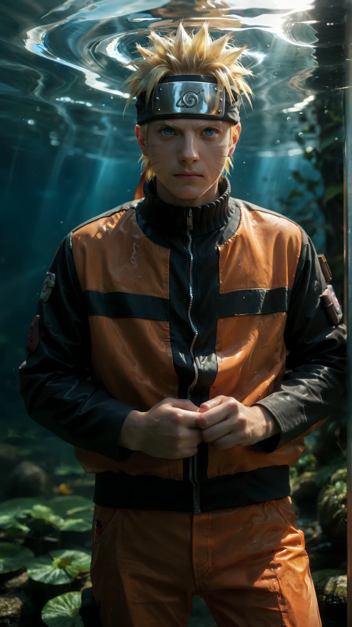 score_9, score_8_up, score_7_up, detailed, wallpaper, beautiful details, naruto uzumaki, 1boy, male focus, looking at viewer, blonde hair, forhead protector, konohagakure symbol, whisker markings, blue eyes, jacket, orange pants, standing, he is under water , angry face , he is shoting an AK 47