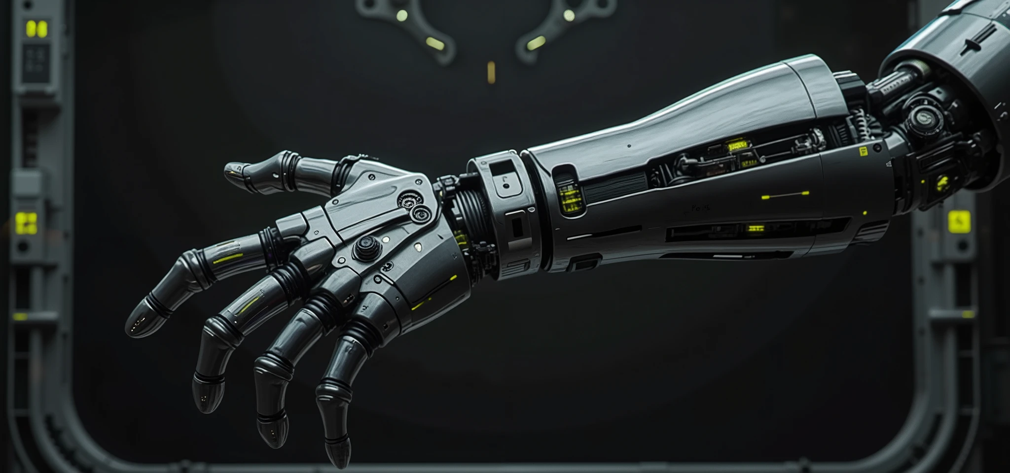 A cyborg arm becoming a medical scanner, foreground.
