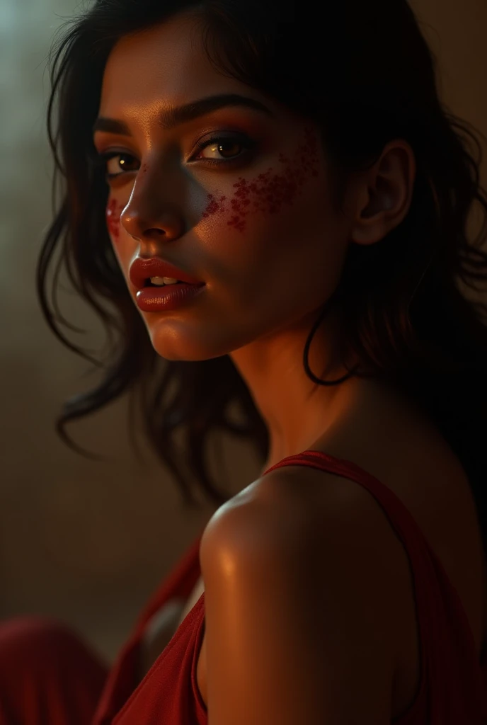 Woman reclined,mysterious,roar,blood,The city was destroyed,of a real,Facial features are carefully rendered,realistic skin texture,dark style,Depth of fields,High light,real light,ray tracing,OC rendering,hyper-realistic,Best Quality,8k,Works of masters,Super-fine,Old pubic detailed,anatomy correct,sharp focus on eyes,bokeh,Facial features are carefully rendered