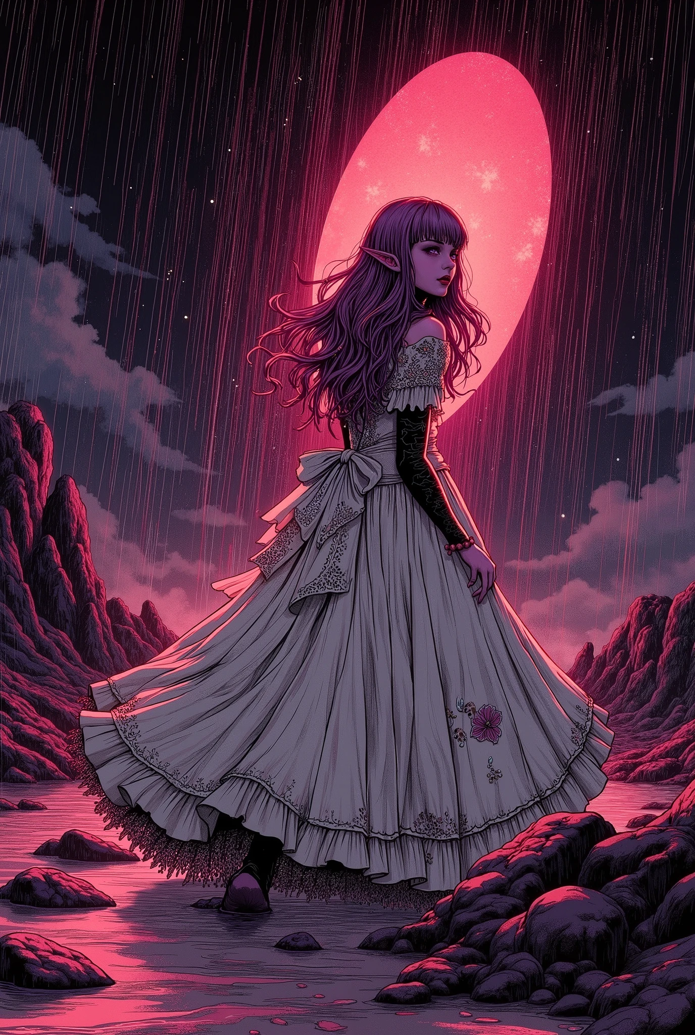 (Ultra-detailed face, Looking away, Gothic Illustration, Dark tone colors. She has five fingers on her hands and five toes on her feet.), BREAK
(The night sky was as stagnant as if ink had been poured over it. The rain is pouring down like thin silver needles. Ripples spread in puddles on the ground as the rain falls.), BREAK
(The dark elf wanderer turns his back to the center of the long, red, glowing oval sphere, which resembles a red silkworm cocoon the size of a building, twists his body, walks up to it, and opens the entrance to the portal as if drawing a curtain. The surface of the huge, red, glowing cocoon is covered with a haze, allowing a faint glimpse through to the other side of the portal. Beyond the portal, the world of chaos and the abyss unfolds.), BREAK
(She has crimson hair, crimson eyebrows, blunt bangs, very long, messy, wavy hair, small pink lips, pure white eyes, dark purple skin, thick eyeliner. Her hair is braided with colorful beads.), (She wears a pure white lace ribbon tie, a tight layered dress of pure white silk with black embroidered roses, several layers of fabric, and pure white pinwheels.)