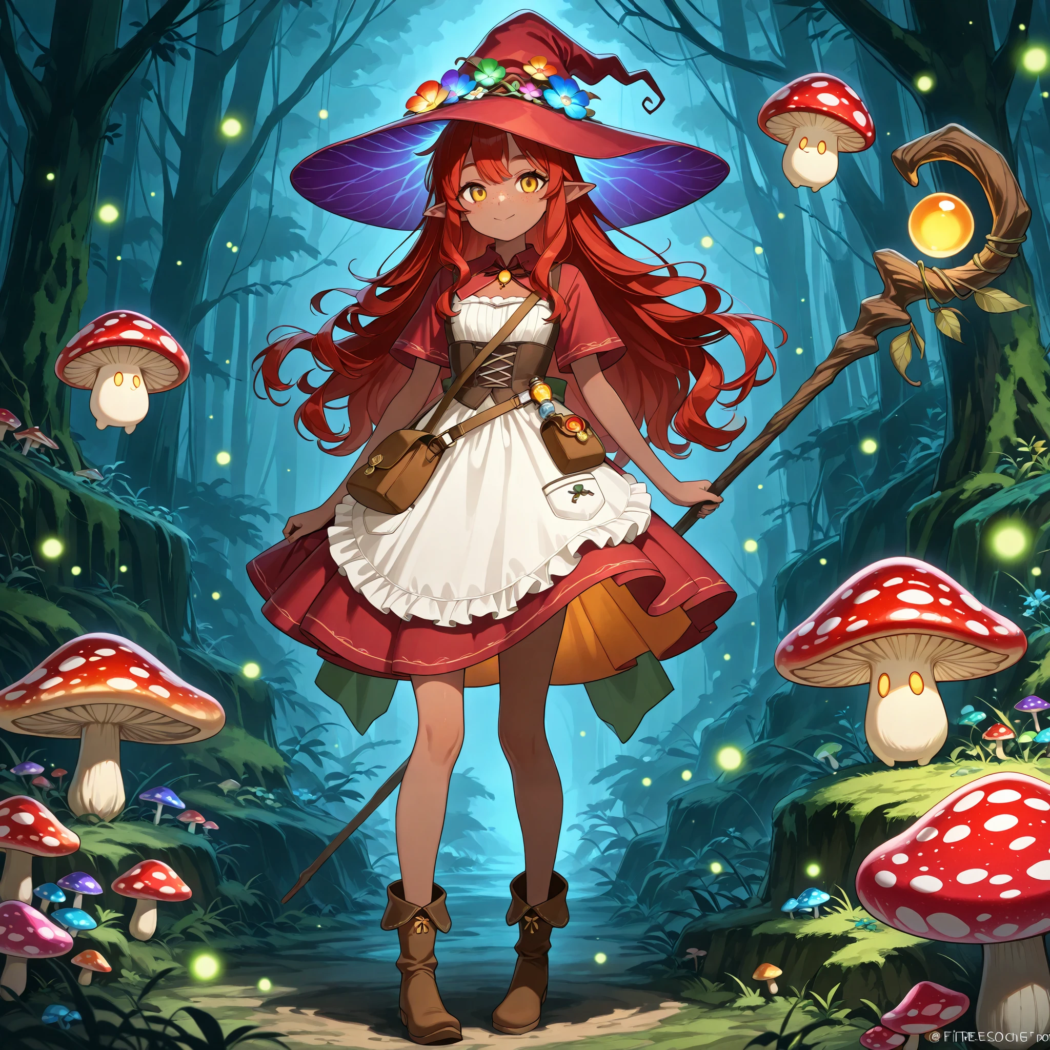 a Fungi Witch with tanned dark skin covered with freckles. Long pointy-ears. She has yellow-amber eyes. She has long to her feet loose fiery-red wavy hairstyle. Per witch dressing set: She wears swampy-green medieval dress and an apron with two pockets. she wearing a potion belt,with oakwood-acorn pendants. There is a bag over her shoulder with healing herbs sticking out of it. She has brown pointy-toed witch boots. She wears a red fly Agaric hat on her head. In her hand she holding a magical staff in the shape of a tree branch overgrown with moss. she slowly walking in the mushroom grove where big mushroom-trees grow everywhere around the blooming swamp, fireflies are flying in the air. Multicolored flowers and mushrooms wich growing around have bioluminescence.