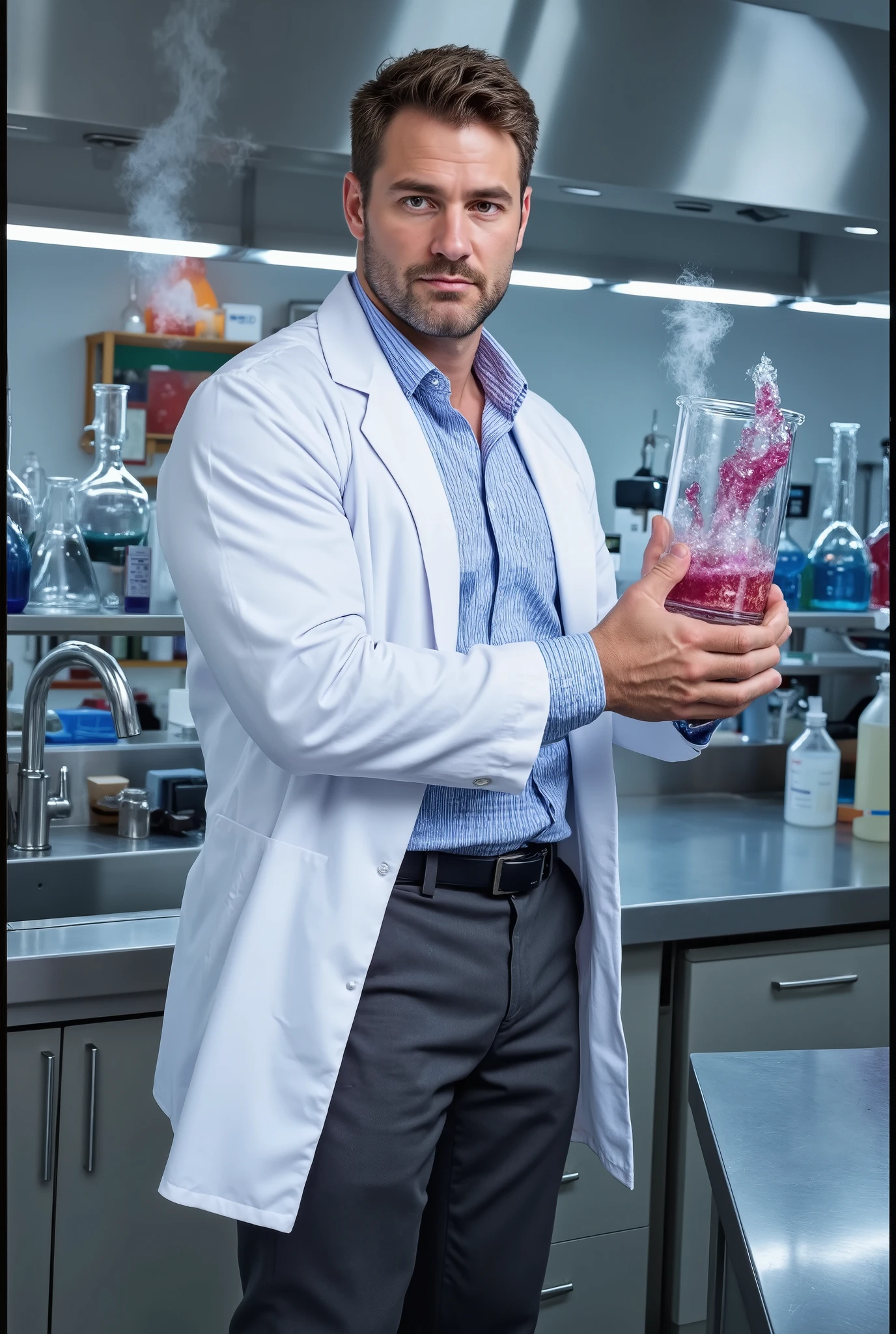 Masterpiece, Accurate, Award Winning, Best Quality, Extremely Detailed, 8K, HD, Super-Resolution, Dynamic Depth of Field, Photorealistic, Full Coloured, Realistic Skin and Hair Texture, ((a 35-year-old, American science teacher with light brown hair, strong angular jawline, high cheekbones, deep-set hazel eyes, thick dark lashes, naturally arched brows, a straight prominent nose, and full well-defined lips, standing confidently in his chemistry lab, holding a glass beaker filled with a vibrant, bubbling liquid)). His ((neatly styled hair is slightly tousled, complementing his intellectual yet approachable presence, while his well-groomed short beard adds to his refined and knowledgeable appearance)). He wears a ((crisp, fitted white lab coat over a light blue dress shirt with the sleeves rolled up, revealing his veined, muscular forearms, while dark grey slacks fit snugly over his strong legs, balancing professionalism with hands-on expertise)). His ((gloved hands carefully grip the beaker, his focused expression and slightly narrowed eyes analyzing the reaction inside, his lips subtly curved as if intrigued by the experiment)). The chemistry lab is a state-of-the-art workspace, featuring ((stainless steel countertops cluttered with flasks, pipettes, and molecular models, shelves lined with neatly labeled glass containers filled with various chemical compounds, and a fume hood with bright LED lighting casting reflections on the polished lab surfaces)). The air is filled with a faint glow from scientific equipment, with ((subtle wisps of vapor rising from an Erlenmeyer flask nearby, and the soft hum of analytical instruments creating an immersive academic atmosphere)). Shot on ((Canon EOS R5, RF 85mm f/1.2L lens, f/2.0 aperture, 1/250 shutter speed, shallow depth of field, balanced cool and neutral lighting with soft highlights, high contrast emphasizing the textures of fabric, glass, and metallic surfaces, creating a dynamic and engaging scientific setting)).