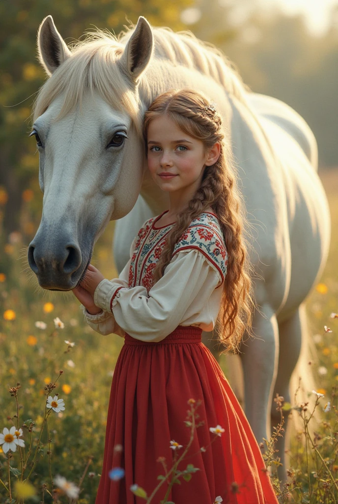 Russian style, children girl, portrait, long red hair, farmer style, with hay and wheat rolls and horse.