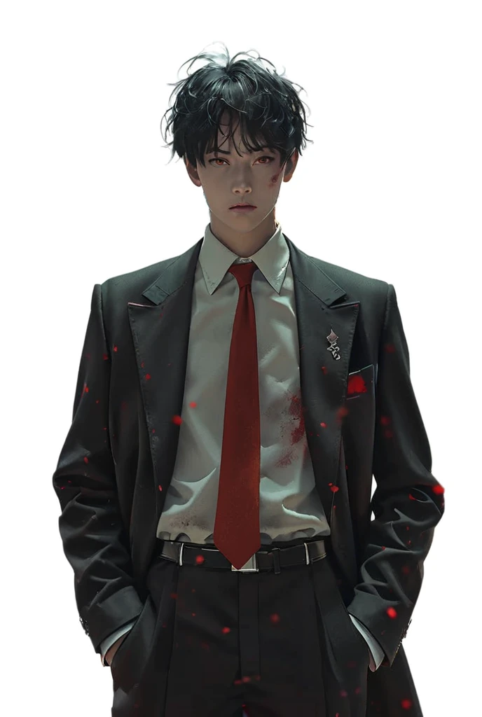Young boy with handsome face, short red hair, Japanese haircut, gray eyes, long eyelashes, black collar, Japanese schoolboy outfit, behind broken glass, red liquid, sad expression, ultra-detailed, in shadow, scar, alone, demon shadow looming on wall.