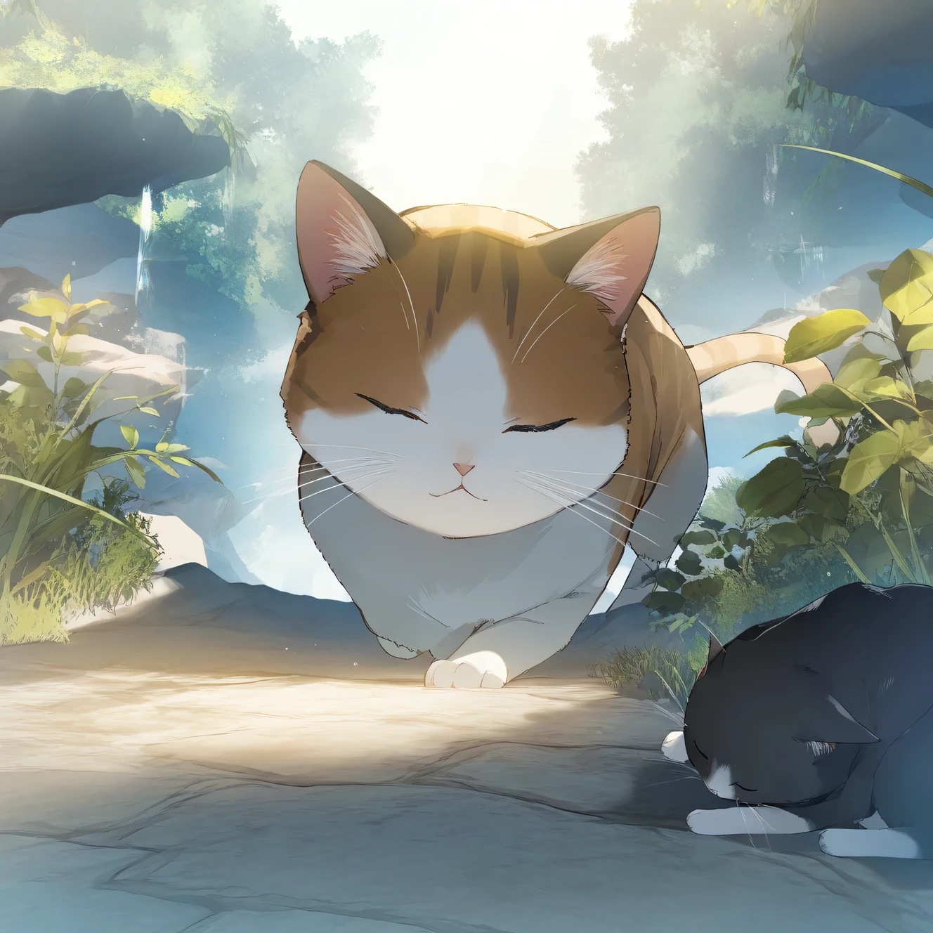 animal, cat, focus cat, outdoors, game CG, fantasy, break,(artist:akinashi_yuu),artist:fujiyama,artist:artist:yuugen,break,break,(masterpiece), (best quality), (ultra-detailed),(Detailed Lighting), very aesthetic, newest,