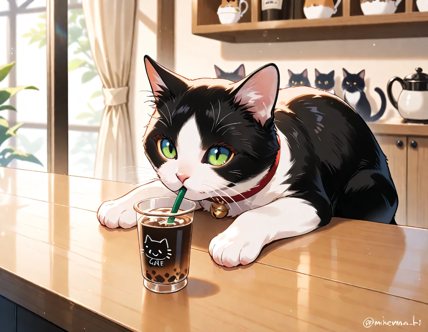 (masterpiece), (best quality), (ultra-detailed), cat cafe, cat focus,drinking cat, no human