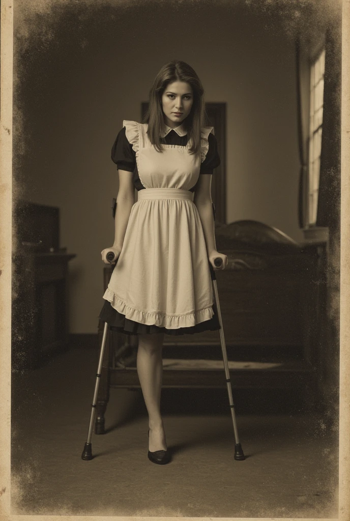 An old black-and-white photo with scuffs and scratches. A little sepia. Highest quality (16 KB, high resolution, masterpiece: 1.cellent detail (realistic, photorealistic image). Ultra-precise focus, Detailed background, Ultra-precise focus, Ultra-high resolution, UHD, extremely high resolution. 
A beautiful one-legged woman on one leg (one-legged), a woman with an amputated limb. Draw the standard proportions of the female body. The woman is 25 years old. Slavic type of face. The long hair on his head is disheveled. A woman dressed in a maid costume.  The black shoes in have a very high heel in the form of a stiletto. 
A woman stands in an Empire-style bedroom. The bedroom is dark. The crutches are on the floor.