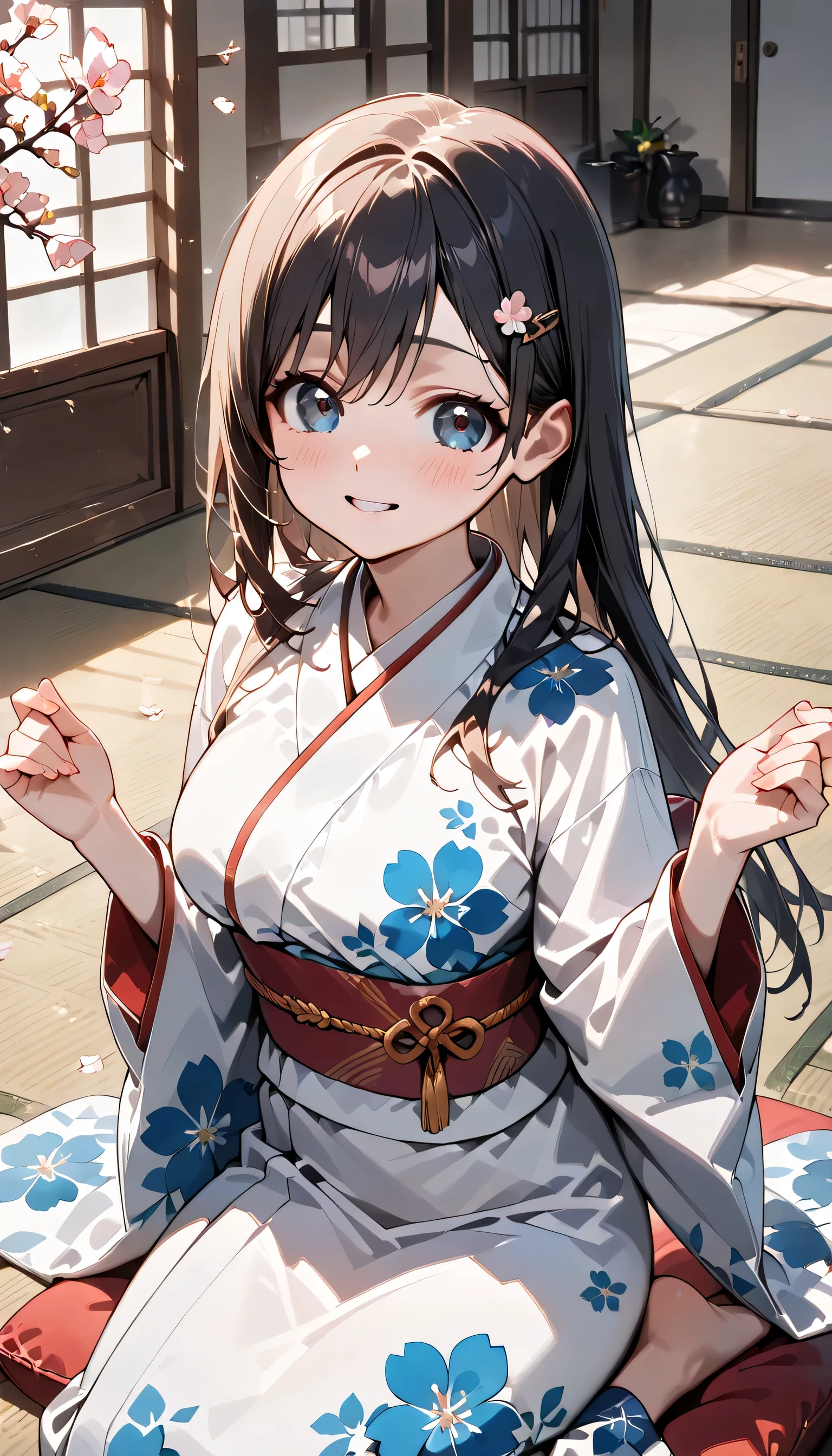 ((ultra-detailed)), (highly detailed CG illustration), (best quality:1.2), ultra-highly detailed, colorful composition, artistic photoshoot, 1girl, solo focus, ((upper body:1.4)), Japanese moe anime character, girl, dainty facial structure, (bab(round face), ((rounded chin:1.2)), ((ideal ratio body proportions)), celia-default, celia claire, (blue eyes), sparkle eyes, black hair color, long hair, half updo, ((smile)), ((blush:1.4)), ((pink ankle-length long furisode costume with gorgeous floral pattern:1.4)), ((red obi with golden decorations)), ((red Japanese ornate hairpin with golden decoration)), ample breasts, ((wariza)), ((seiza)), ((Sitting with a cushion on top of the tatami)), ((Japanese-style room with a view of the garden)), beautiful detailed sky, cherry blossom petals, cherry trees, row of cherry trees, breeze, petals dancing, low angle, expecting, pink cheek, blush, light pink gloss slip, portrait, depth of field, soft lighting, sidelighting, (shine), lighting, caustics, ray tracing, smile, perfect face, lustrous skin, highly detailed face, highly detailed eyes, perfect face, perfect nose, perfect hair, perfect eyes, perfect anatomy, beautiful hair, beautiful small face, extremely detailed face, beautiful detailed eyes, beautiful clavicle, beautiful body, beautiful fingers, 4 fingers, 1 thumb, lovely, (very detailed background:1.0), (highly detailed background:1.0), spring aesthetic, intricate details, solemn serene and respectful atmosphere, spring colors palette, chromatic aberration