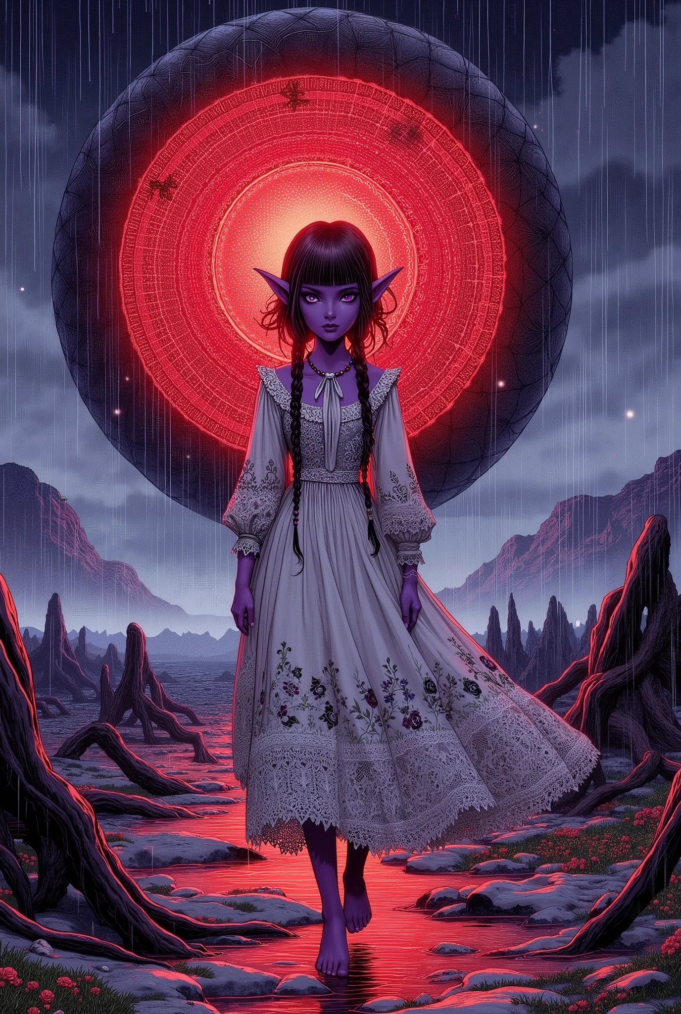 (Ultra-detailed face, Looking away, Gothic Illustration, Dark tone colors. She has five fingers on her hands and five toes on her feet.), BREAK 
(The night sky was as stagnant as if ink had been poured over it. The rain is pouring down like thin silver needles. Ripples spread in puddles on the ground as the rain falls.),  BREAK 
(A dark elf wanderer walks up to the center of the long, oval, red, glowing sphere, which resembles a red silkworm cocoon as large as a building, with her back to the center, twisting her body. Dark red and dark blue capillaries cover the surface of the huge, glowing red cocoon like a mesh.),  BREAK 
(She has crimson hair, crimson eyebrows, blunt bangs, very long, messy, wavy hair, small pink lips, pure white eyes, dark purple skin, thick eyeliner. Her hair is braided with colorful beads.), (She wears a pure white lace ribbon tie, a tight layered dress of pure white silk with black embroidered roses, several layers of fabric, and pure white pinwheels.)
