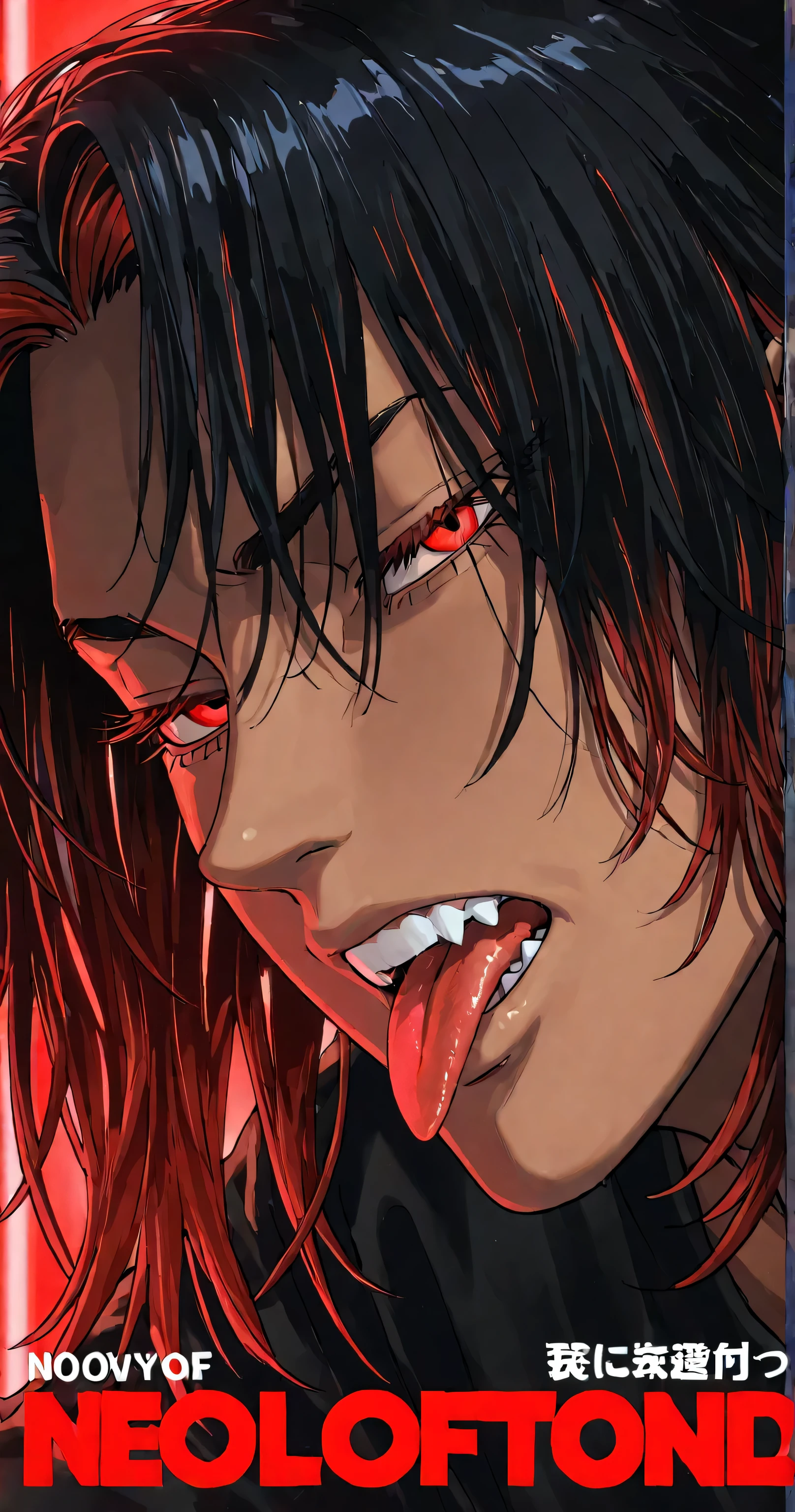 1 man, fit, very handsome, wavy black hair, one line of red hair, middle part hair, wolfcut, medium length hair, seductive, eyelashes, devil red eyes, red eyes, cold eyes, light brown skin, neon red lighting, mouth open, teeth, tongue out, face close up, detailed, masterpiece, magazine cover