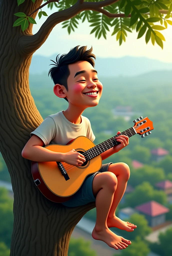 a reallistic caricature of Indonesian boy is humming on a tree branch, his hand is strumming a guitar, wearing a T-shirt and shorts, looks happy, background view of the village from the top of the tree, close up, natural lighting
