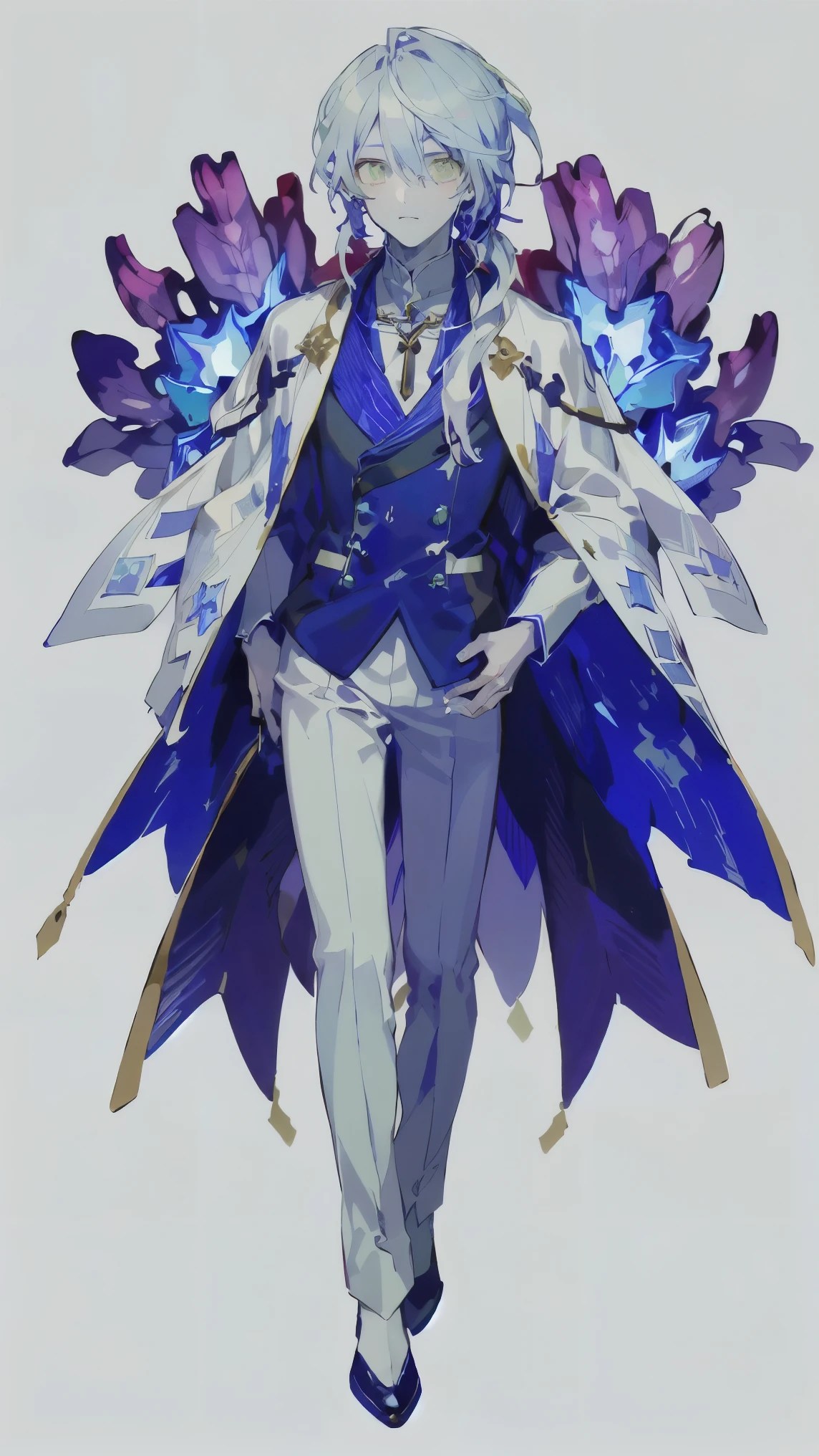 Masterpiece, perfect face, ultra high-quality, highest quality, one young male character, long hair, ponytail , hair reaching down to her feet, anime-style, purple hair hair, (((lilac hair hair:1.5))), cobalt green eyes, (((cobalt green eyes:1.5))), bangs, pure white skin, original character, intricate design, unique design, sacred image, shrine priest, droopy eyes, long eyelashes, (((handsome and beautiful boy-like appearance:1.8))), skinny, slightly starving, full-body drawing, commission, potential adoption, sacred outfit, full-body, background , ((priest robe:1.3)), ((elegant tailored suit:1.3)), ((loose male-style clothing:1.5)), all white outfit , white background, full-body, all decorations are white or silver, ((androgynous and elegant appearance:1.5)), cobalt green eyes, slender hands, skeleton, pure white outfit, unnaturally pale skin, pure white skin, white skin color, monk , sacred, (((lilac hair hair:1.5))), (((cobalt green eyes:1.5))), (((white background:1.5))) , human only