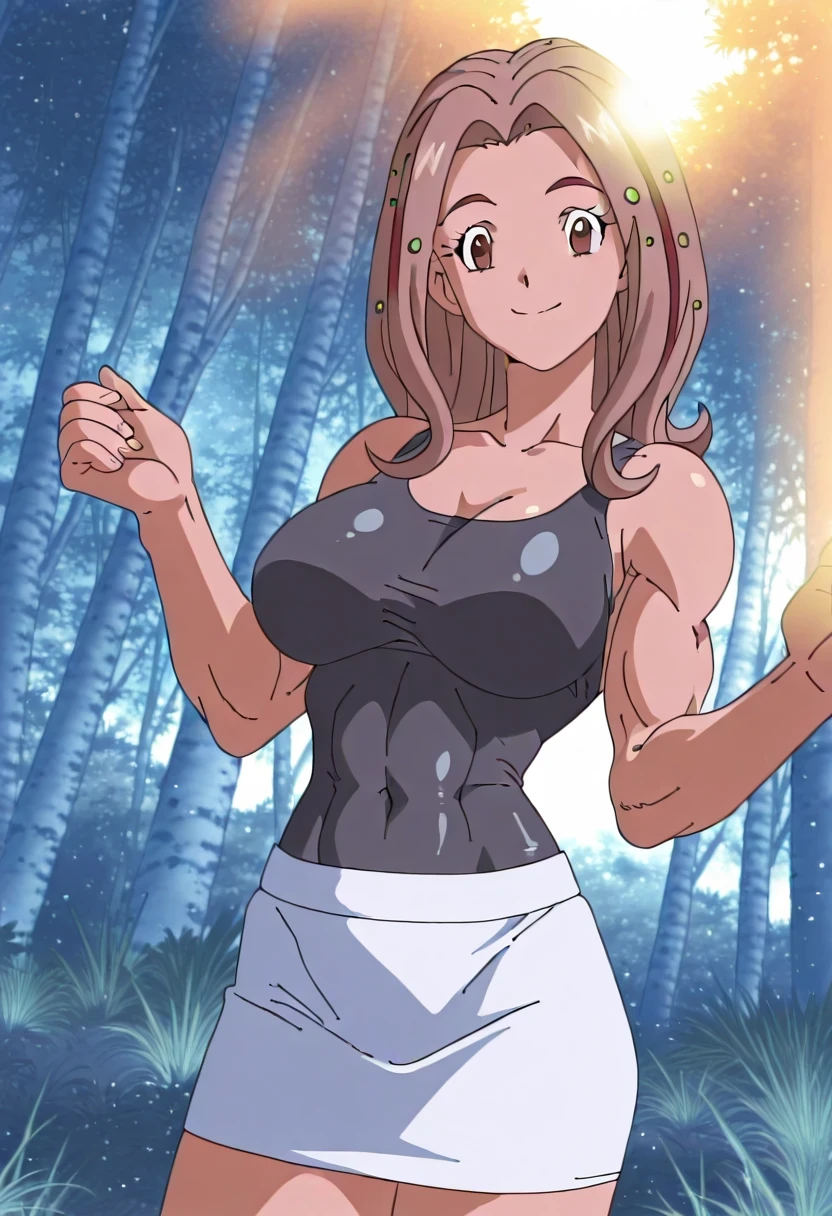 score 9、score 8 up、score 7 up、score 6 up、score 5 up、source anime、anime coloring、Best Quality、Hi-Res、masterpiece、 1girl 、 Digimon Adventure 02 、mimi tachikawa 、anime coloring、cartoon、anime coloring、 Hair、long hair、brown eyes、medium hair、amount、wave hair、eyelash、parted bangs、Alone、black tank top、Big Breasts、 girl with big breasts、 skin tight tank top、biceps、biceps long head、biceps short head、triceps、triceps medial head、triceps lateral head、triceps long head、brachioradialis 、deltoids、anterior deltoids、middle deltoids、posterior deltoids、collarbone、white miniskirt、covered navel、covered abs、covered midriff、white tight skirt、smile、Tall Girl、toned body、nihilic vibe 、cool atmosphere with lots of books、standing、Outdoors、(forest, Dawn, sunlight)、looking at viewer、cowboy shot、dutch angle、