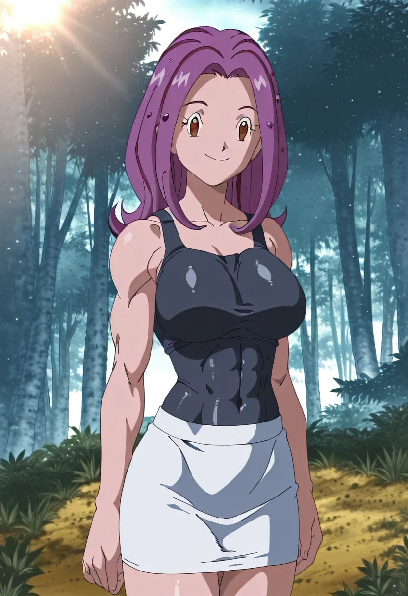 score 9、score 8 up、score 7 up、score 6 up、score 5 up、source anime、anime coloring、Best Quality、Hi-Res、masterpiece、 1girl 、 Digimon Adventure 02 、mimi tachikawa 、anime coloring、cartoon、anime coloring、Purple Hair、long hair、brown eyes、medium hair、amount、wave hair、eyelash、parted bangs、Alone、black tank top、Big Breasts、 girl with big breasts、 skin tight tank top、biceps、biceps long head、biceps short head、triceps、triceps medial head、triceps lateral head、triceps long head、brachioradialis 、deltoids、anterior deltoids、middle deltoids、posterior deltoids、collarbone、white miniskirt、covered navel、covered abs、covered midriff、white tight skirt、smile、Tall Girl、toned body、nihilic vibe 、cool atmosphere with lots of books、standing、Outdoors、(forest, Dawn, sunlight)、looking at viewer、cowboy shot、dutch angle、