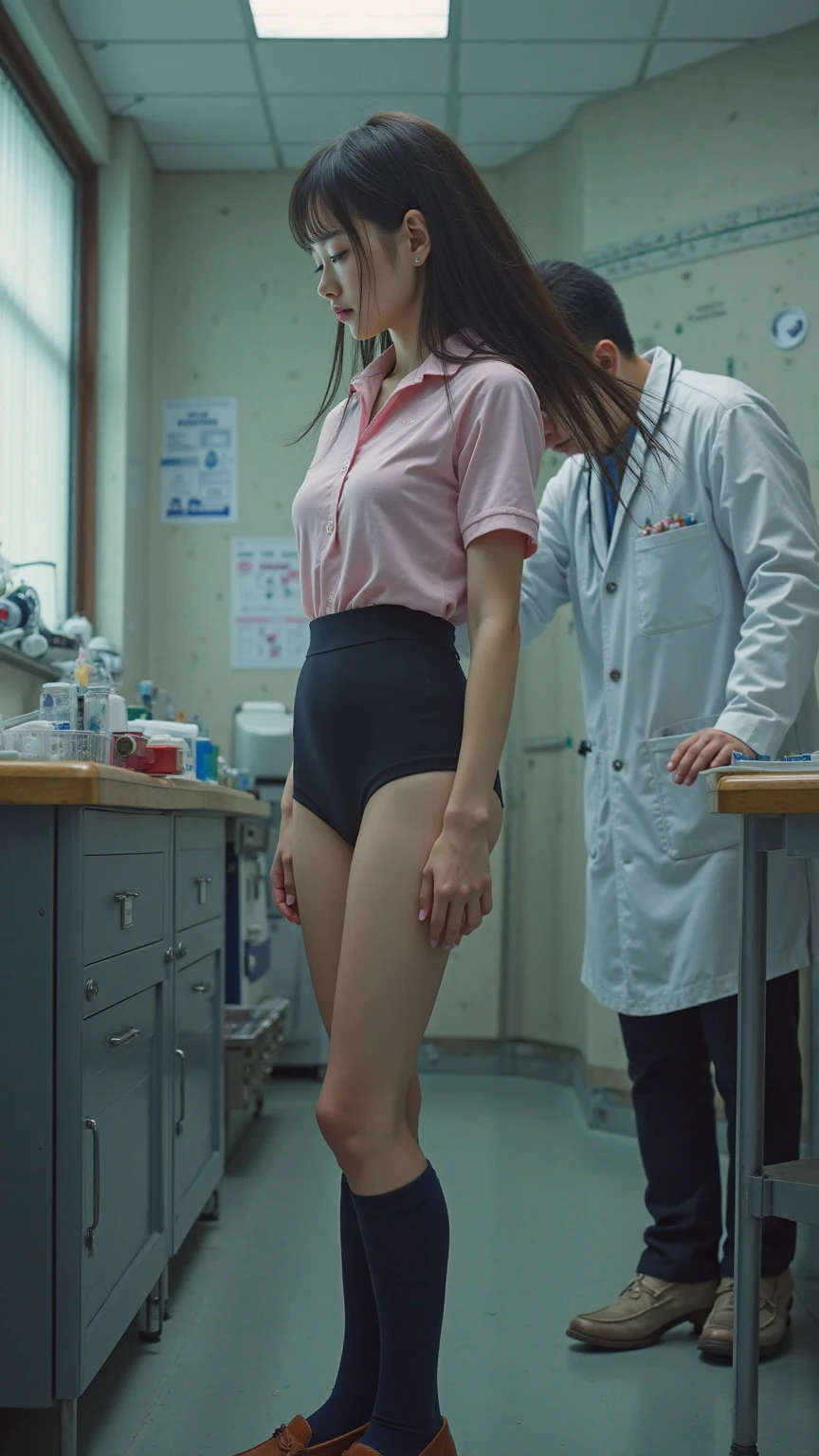 A beautiful Japanese girl with fair skin and angelic features....... She is a teenager、Looks like a slender middle school student. The girl is wearing a ballet costume, tome'a little embarrassing for her. She has a childish appearance with a flat chest. The stage is a hospital, especially in pediatric wards. The doctor is conducting a medical examination of the girl, Includes genital examination. The atmosphere inside the hospital is professional and clean....... The girl is a little nervous about the vaccination she is about to receive....... The artwork is、Must be realistic, Highly detailed photorealistic quality, high resolution render。. Color palette should be soft and pastel, Gives a cute and innocent atmosphere. Lighting should be balanced and natural, Beautifully illuminate the scene.、Show nipples、Underpants1becomes a sheet、Flipping through underwear、Pained look、receive an injection、Hold the knife、Rehabilitation、male scary sexual doctor、sexual harassment、Examination without clothing、male genitalia-shaped device、Diagnosis of female genitalia、Pediatric specialty hospital