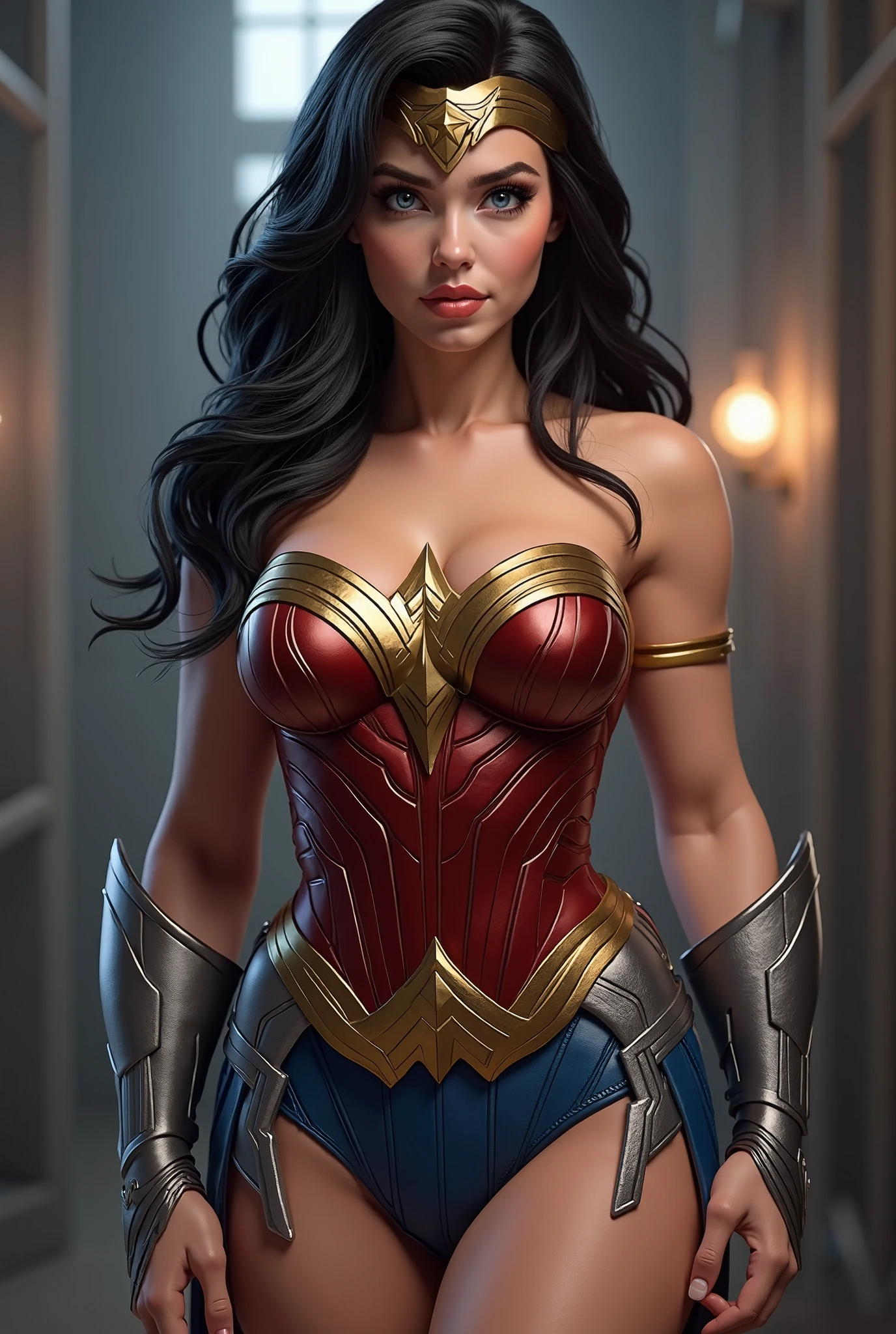 A ilustration of a greek goddes Wonder Woman, shot, centered, gold black color gel lighting, geometric shadows, glowing lights, symmetry, depth of field, intricate, elegant, highly detailed, digital painting, artstation, concept art, silver and white futuristic costume, smooth, sharp focus, illustration, as imagined by Greg Rutkowski and Borris vallejo.