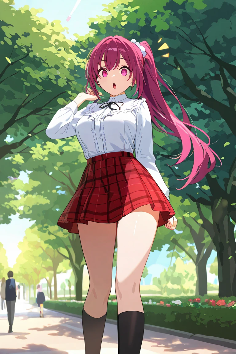 (Highly detailed CG Unity 8K wallpaper artwork),(Best Quality),(Ultra-detailed),(Best Illustration),(Best Shadow),(absurderes), Remi, 1girl in, Solo, Closed eyes, Open mouth, Smile, School uniform, Portrait, Pink hair, Red hair, Bangs, Bow, Twin-tailed, Red bow, Shirt, Collared shirt, Long hair, Cowboy Shot, Anime coloring,Anatomically correct, (Skirt lift:1.3), (panties:1.3)、(Skirt that rolls up:1.3)、(Fully exposed panties:1.5)、