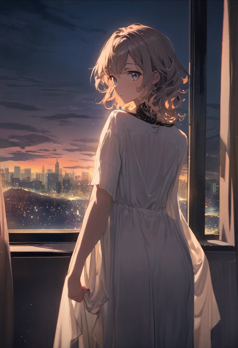 masterpiece,best quality,nsfw, Girls＆tank、Miho Nishizumi、17 years old、Short Hair,Droopy eyes、brownEye、An open terrace with a beautiful night view、Date